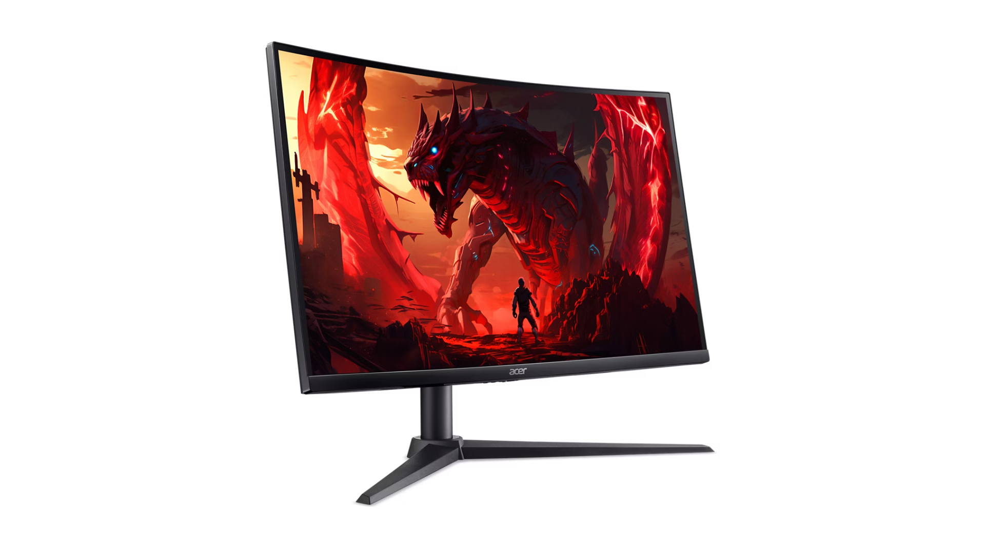 Un monitor da gioco Acer curvo mostra un drago rosso sullo schermo.