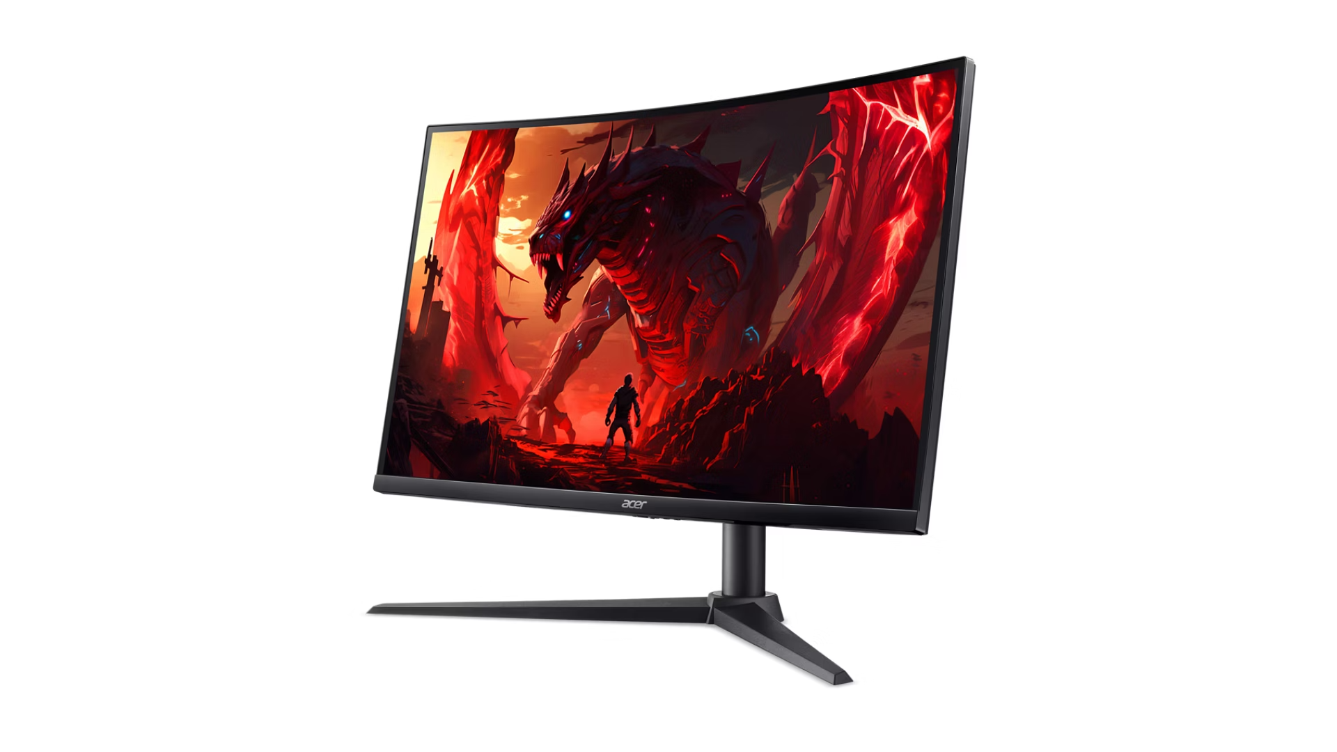Monitor curvo Acer con sfondo di drago fantasy rosso.