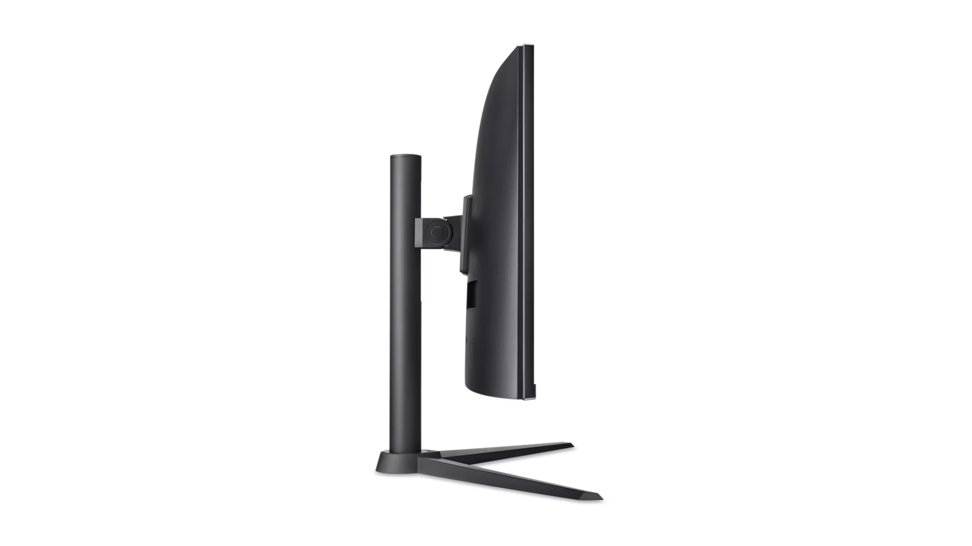 Vista laterale di un monitor per computer curvo nero su supporto regolabile con base a V su sfondo bianco.