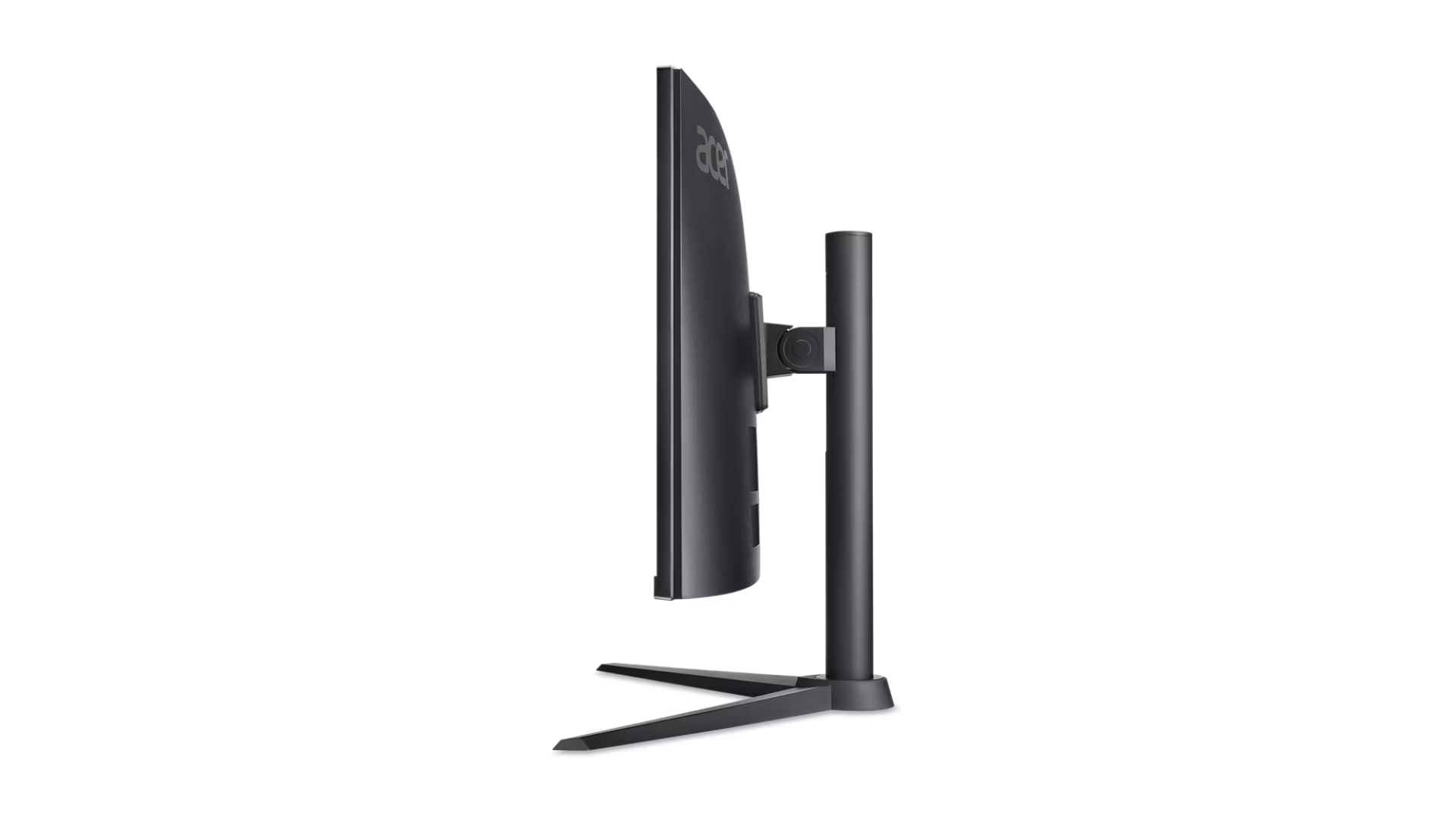 Vista laterale di un monitor curvo Acer nero su un supporto con base a V su sfondo bianco.
