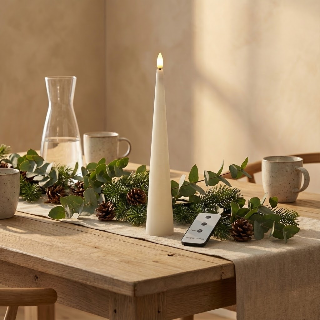 A tall white LED candle stands on a table, surrounded by pine greenery, pinecones, and a remote control.