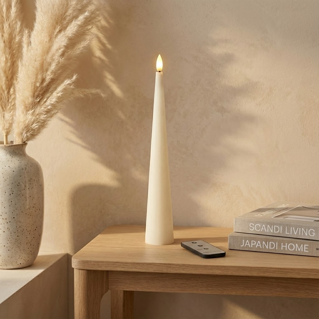 A tall, tapered white LED candle stands on a wooden table beside a remote and two books, with pampas grass nearby.