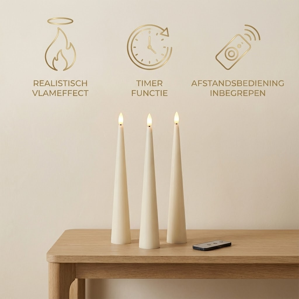 Three white LED taper candles with a remote control stand on a wooden table, featuring icons for flame, timer, and remote.
