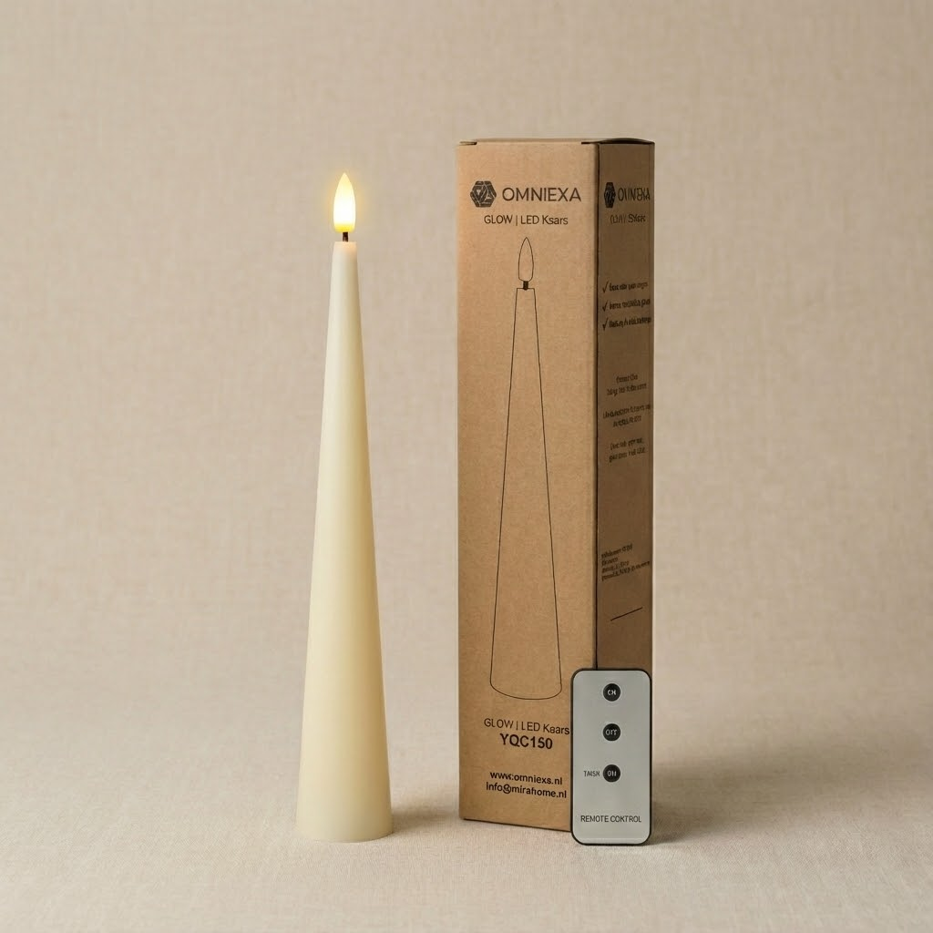 Beige LED cone candle with lit flame, brown packaging box, and remote control on a neutral background.