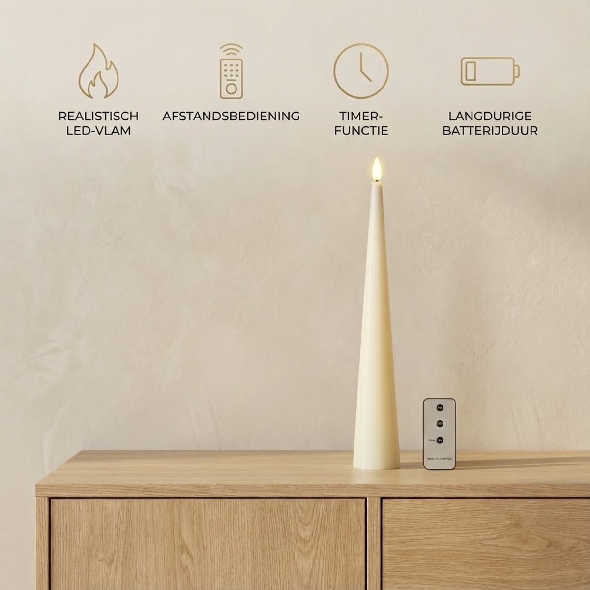An ivory LED candle and a remote control stand on a wooden cabinet against a light wall.