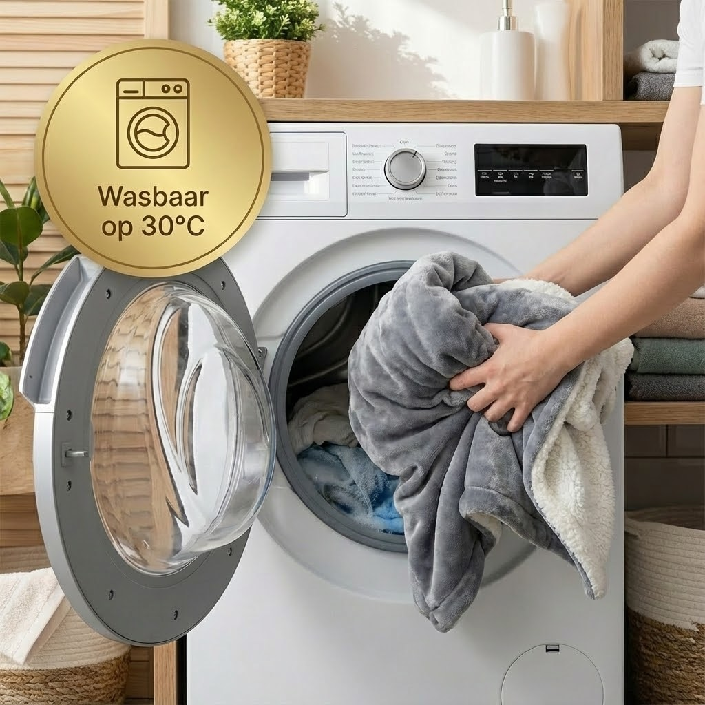 A person loads a gray and white blanket into a white washing machine next to a gold label reading Wasbaar op 30°C.