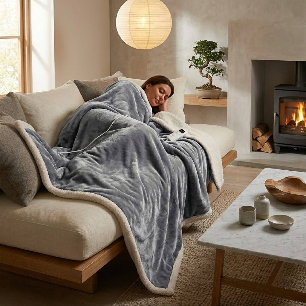A woman sleeps on a sofa under a grey heated blanket, next to a lit fireplace.