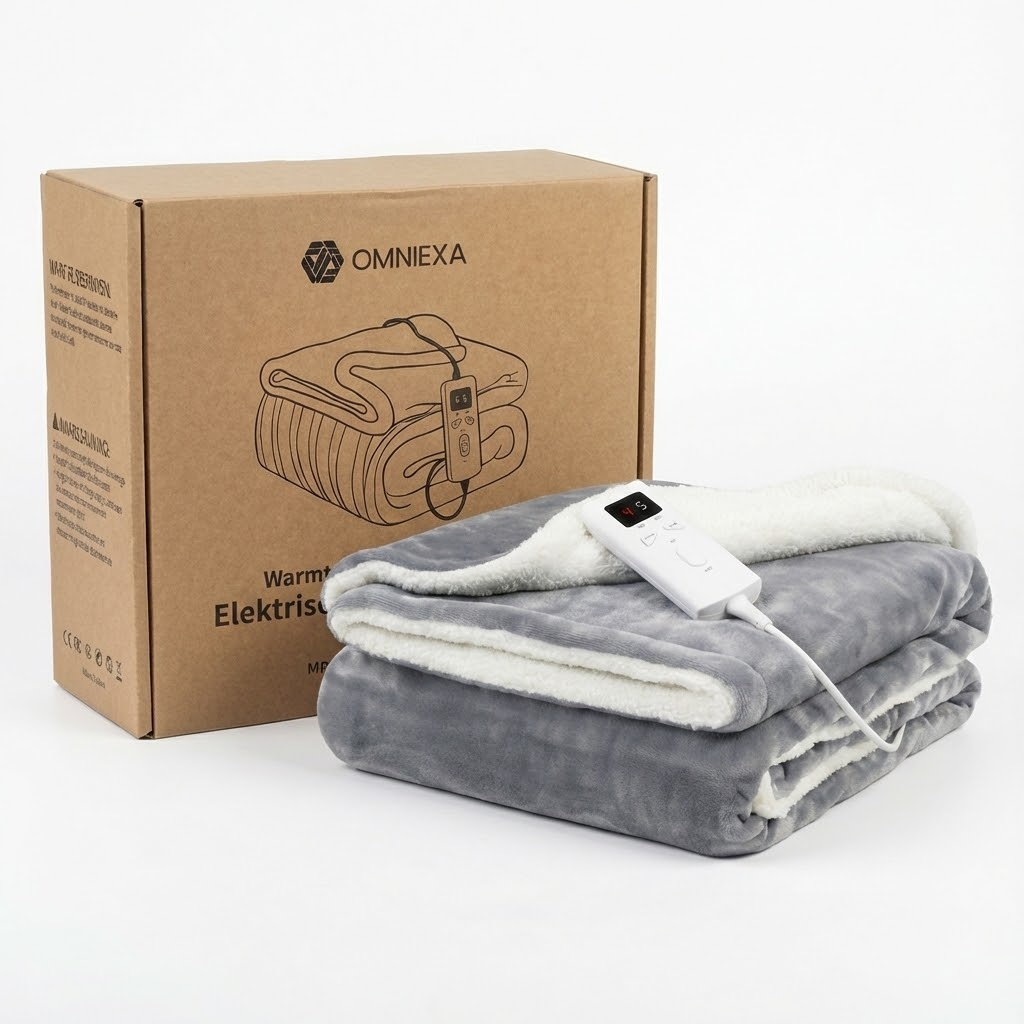 A grey and white electric blanket with a remote control rests beside an Omniexa cardboard box.