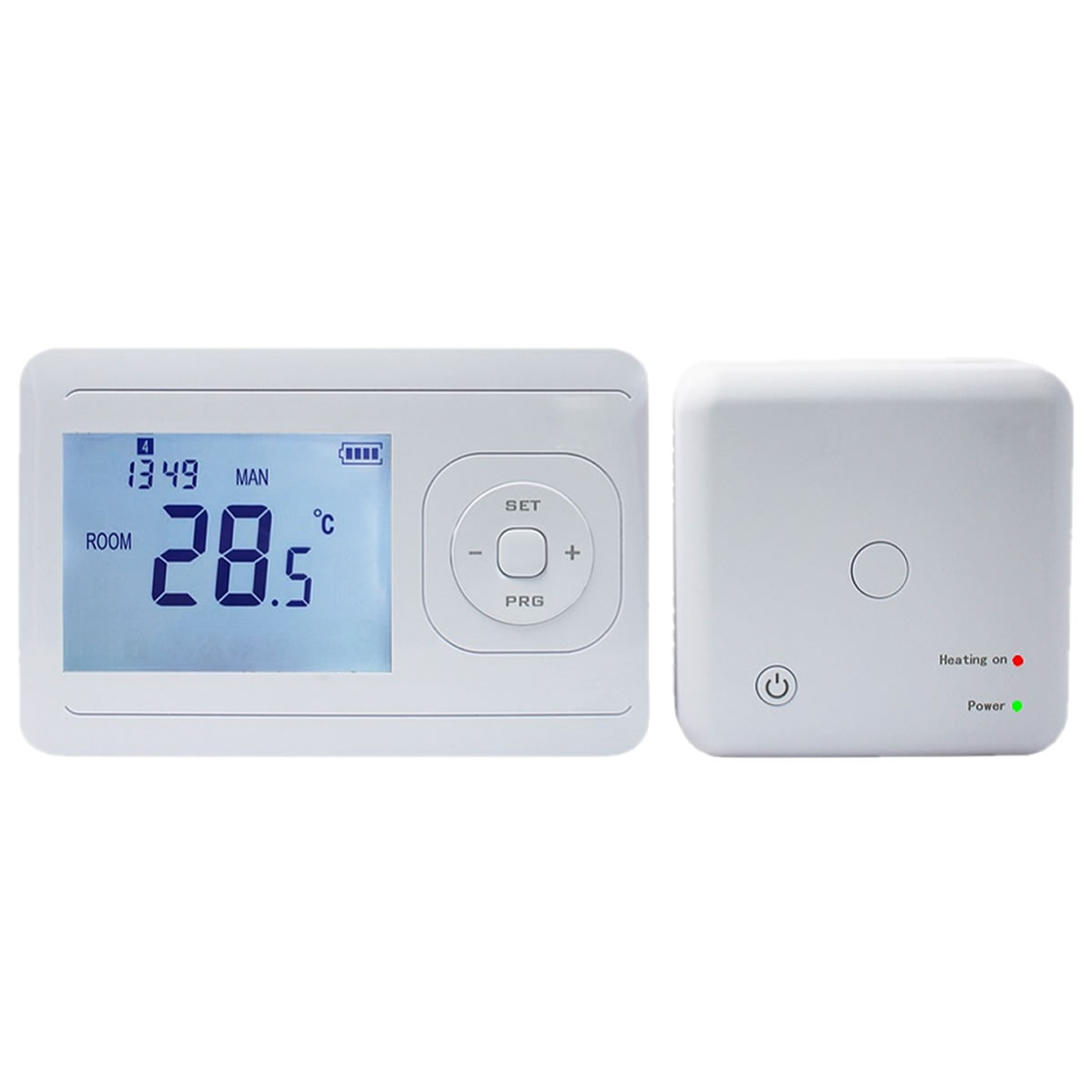 Ein weißer digitaler Raumthermostat mit Display und ein kleinerer Sender mit Knöpfen und LEDs.