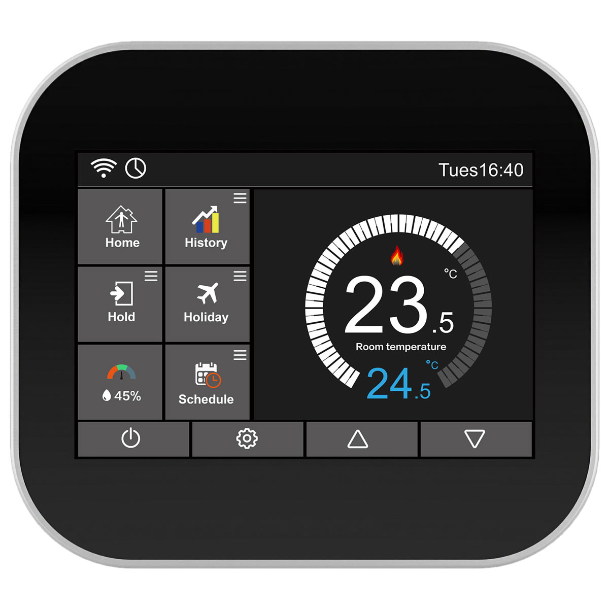 Thermostat mit digitalem Display zeigt 23,5 °C Raumtemperatur und verschiedene Menüoptionen.