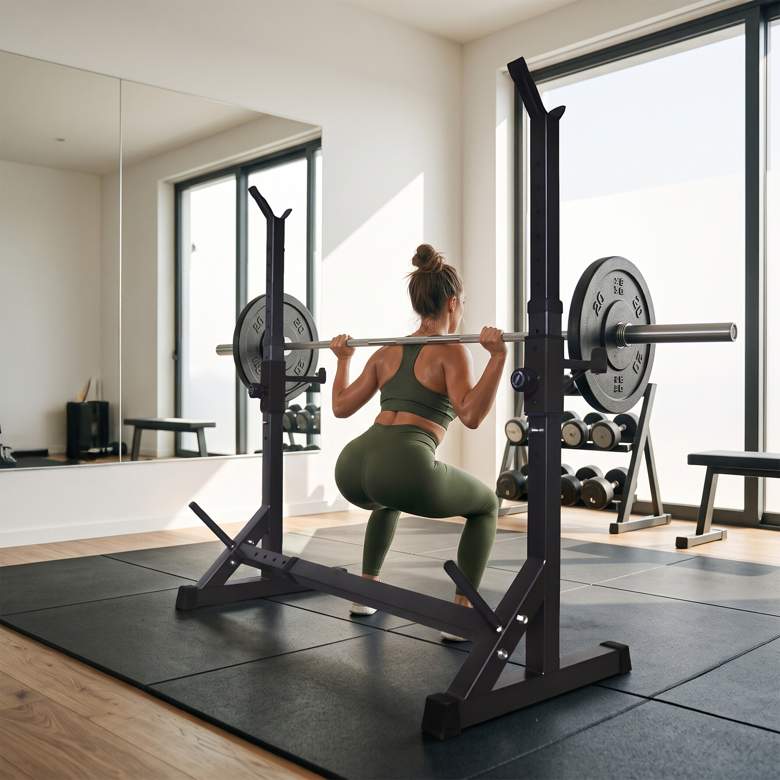 Eine Frau in grüner Sportkleidung macht Kniebeugen mit einer Hantelstange in einem hellen Fitnessstudio mit großen Fenstern.