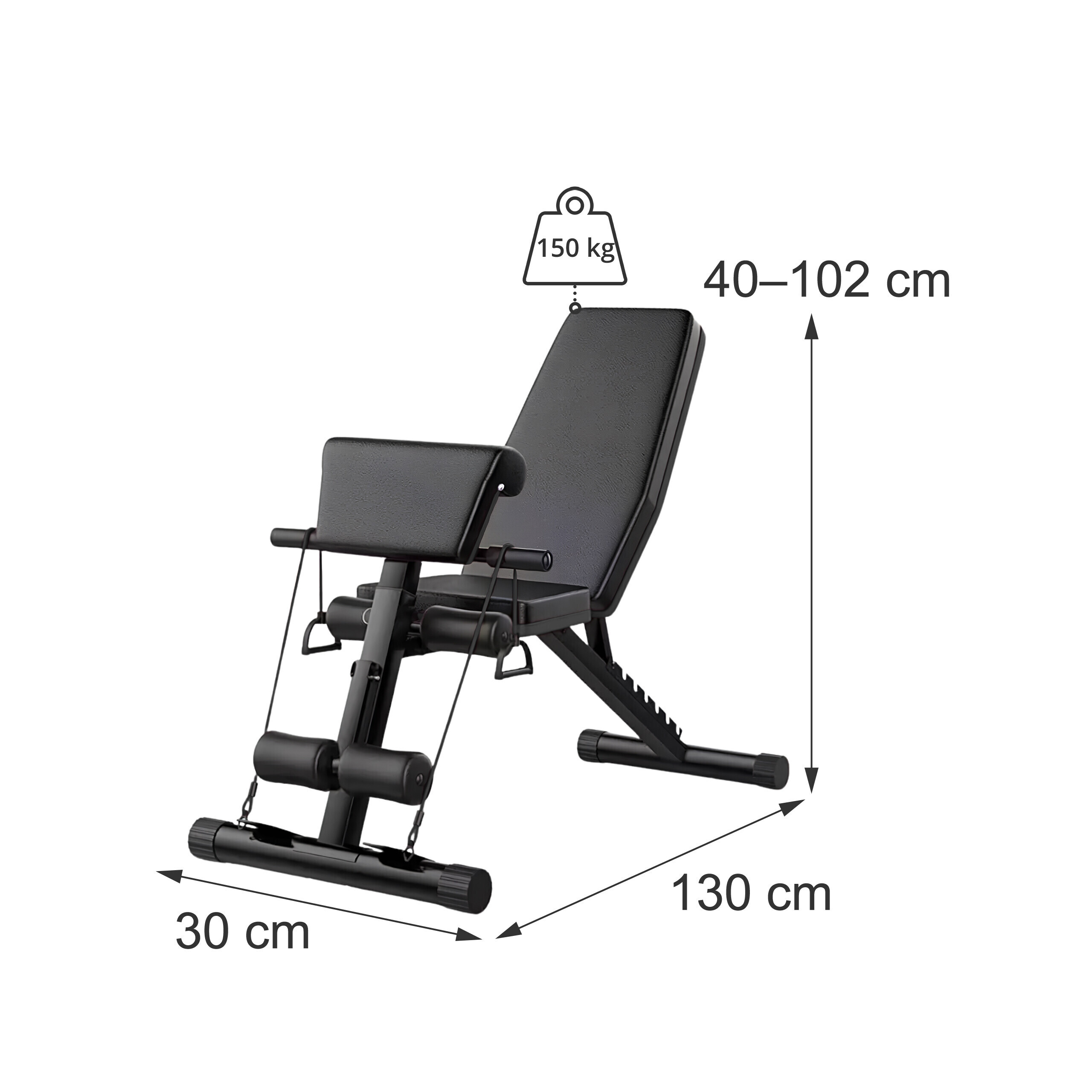 Schwarze verstellbare Hantelbank mit Armpolster, Gewichtslimit 150 kg und Maßen 130x30x40-102 cm.