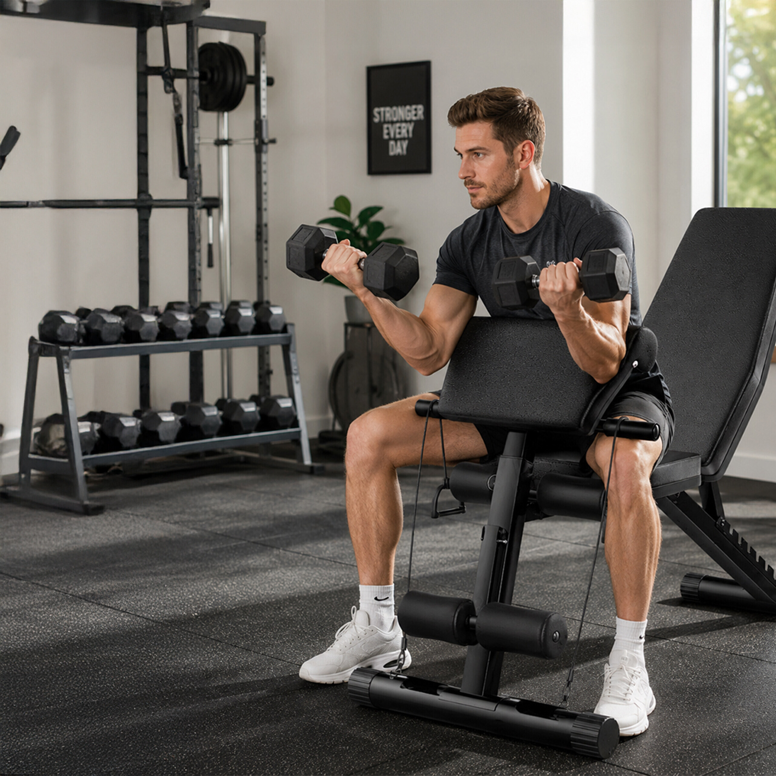Ein Mann in Sportkleidung sitzt auf einer Hantelbank und trainiert Bizeps mit schweren Hanteln in einem modernen Fitnessstudio.