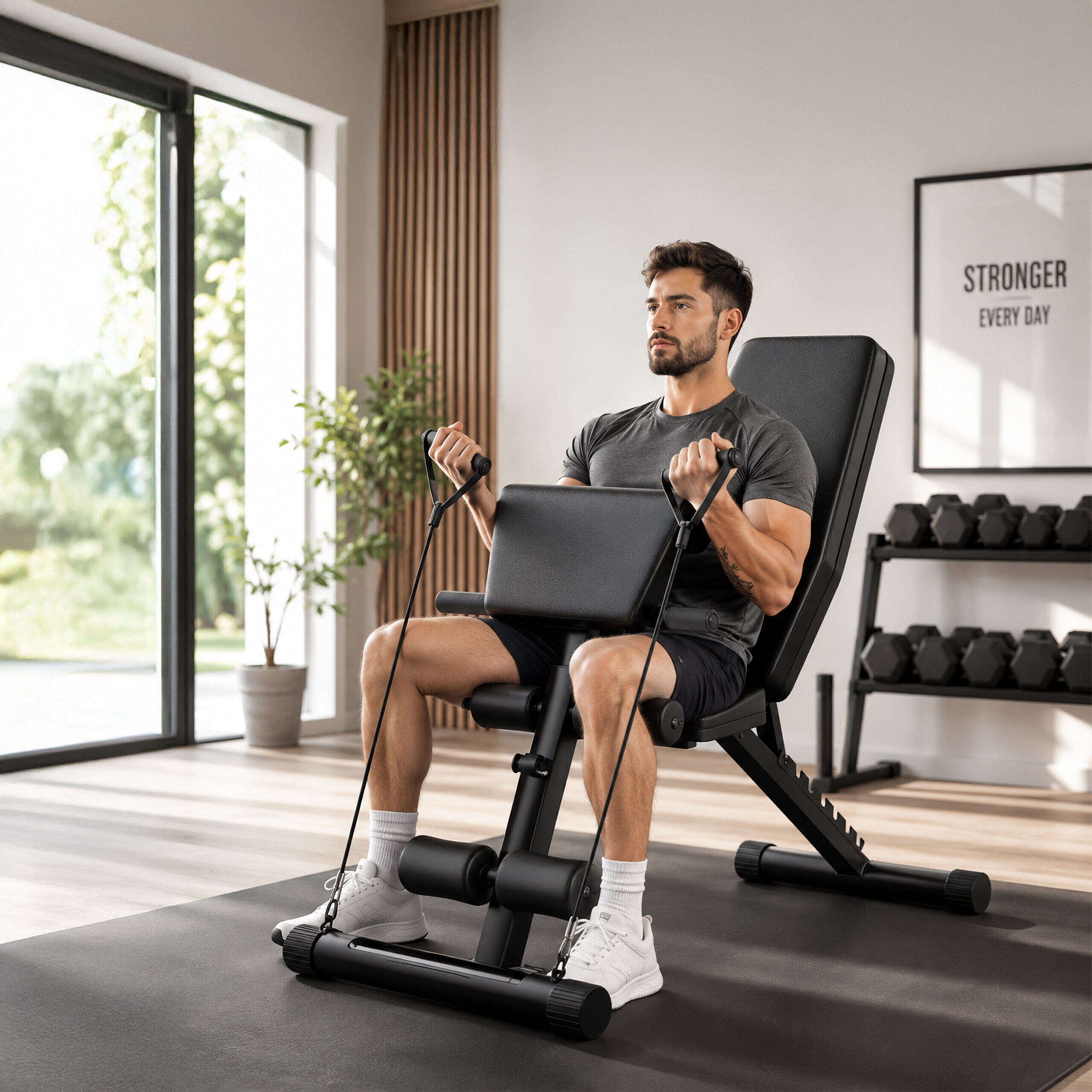 Ein Mann sitzt auf einer Trainingsbank und trainiert mit Widerstandsbändern in einem hellen Raum.