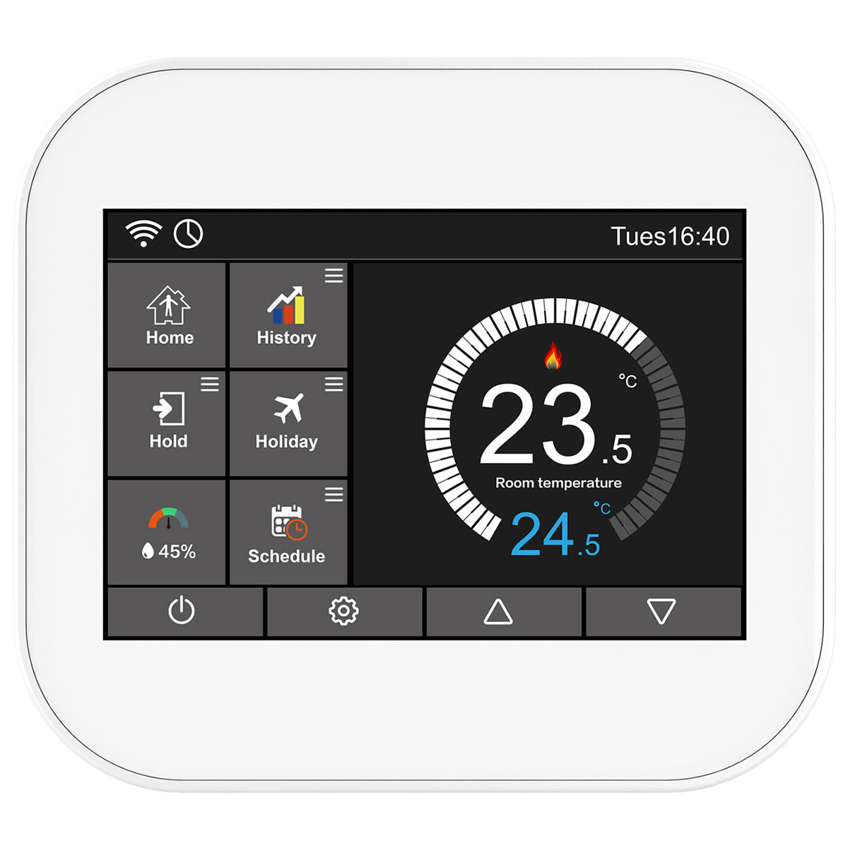 Ein weißer Smart-Thermostat mit digitalem Display zeigt 23,5 °C und verschiedene Menüoptionen.