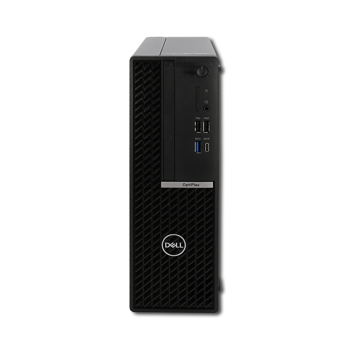 Ein schwarzer Dell OptiPlex Desktop-Computer im Small Form Factor von vorne.