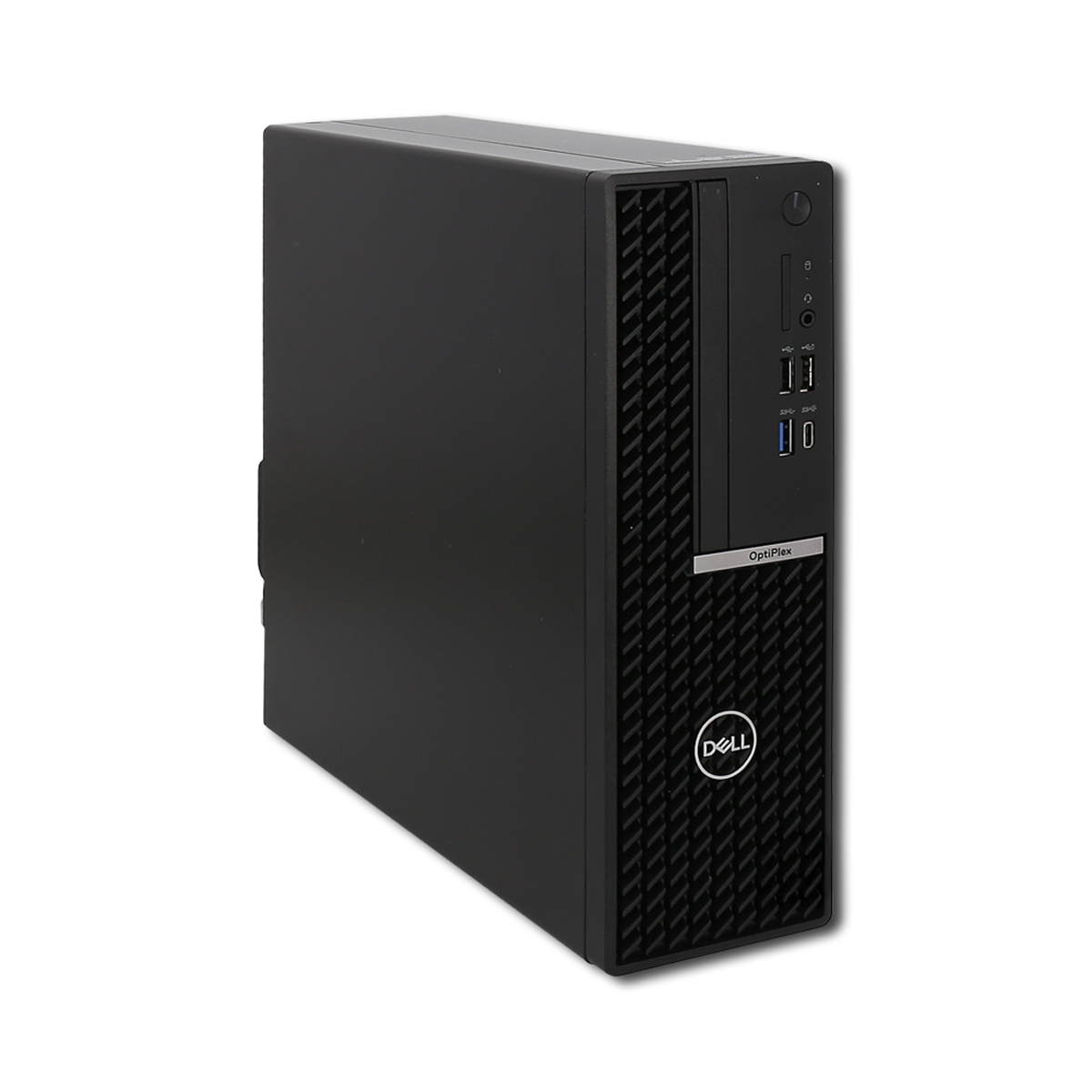 Ein schwarzer Dell OptiPlex Desktop-Computer steht aufrecht vor einem schlichten weißen Hintergrund.