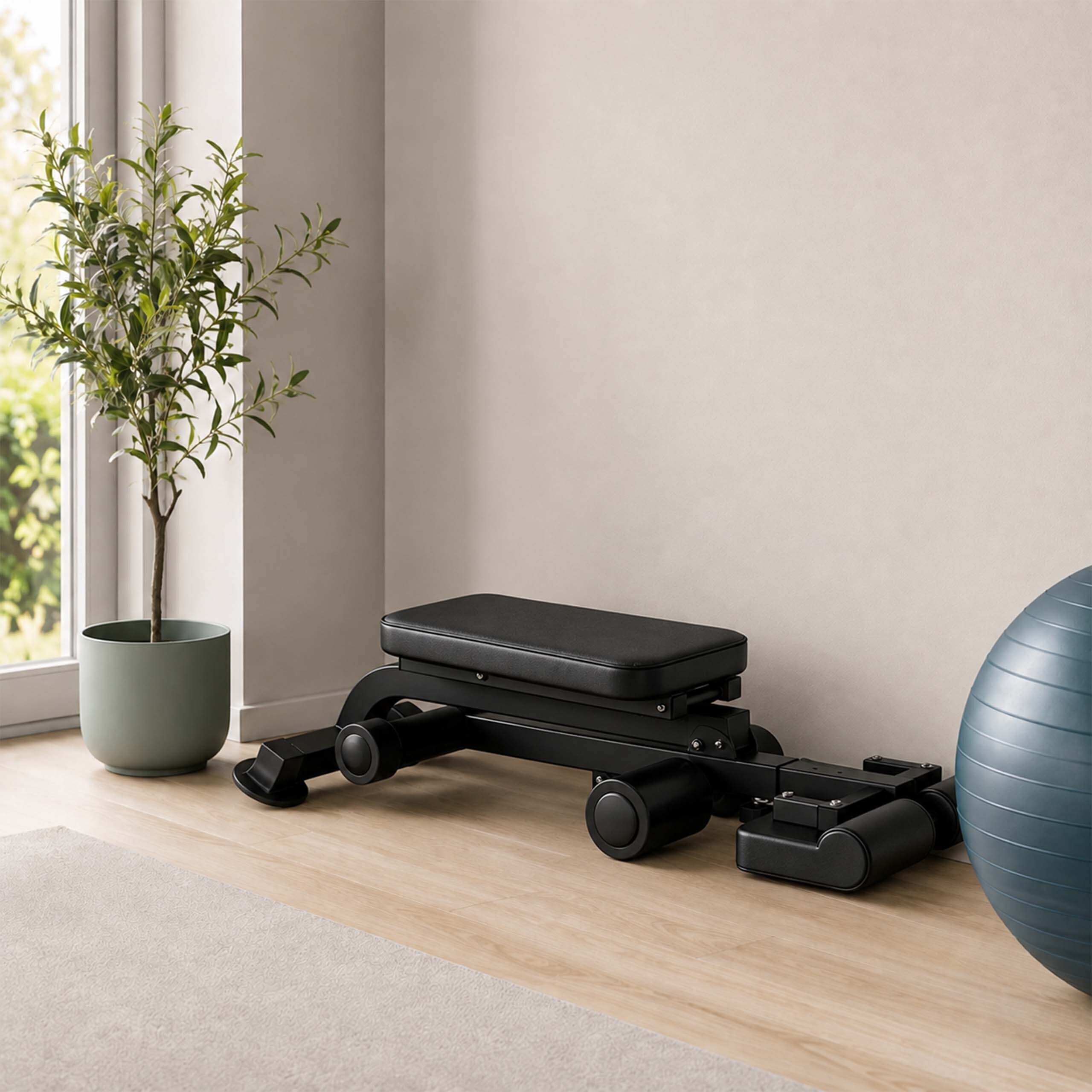 Eine schwarze Fitnessbank steht auf einem Holzfußboden neben einer Topfpflanze und einem Gymnastikball.