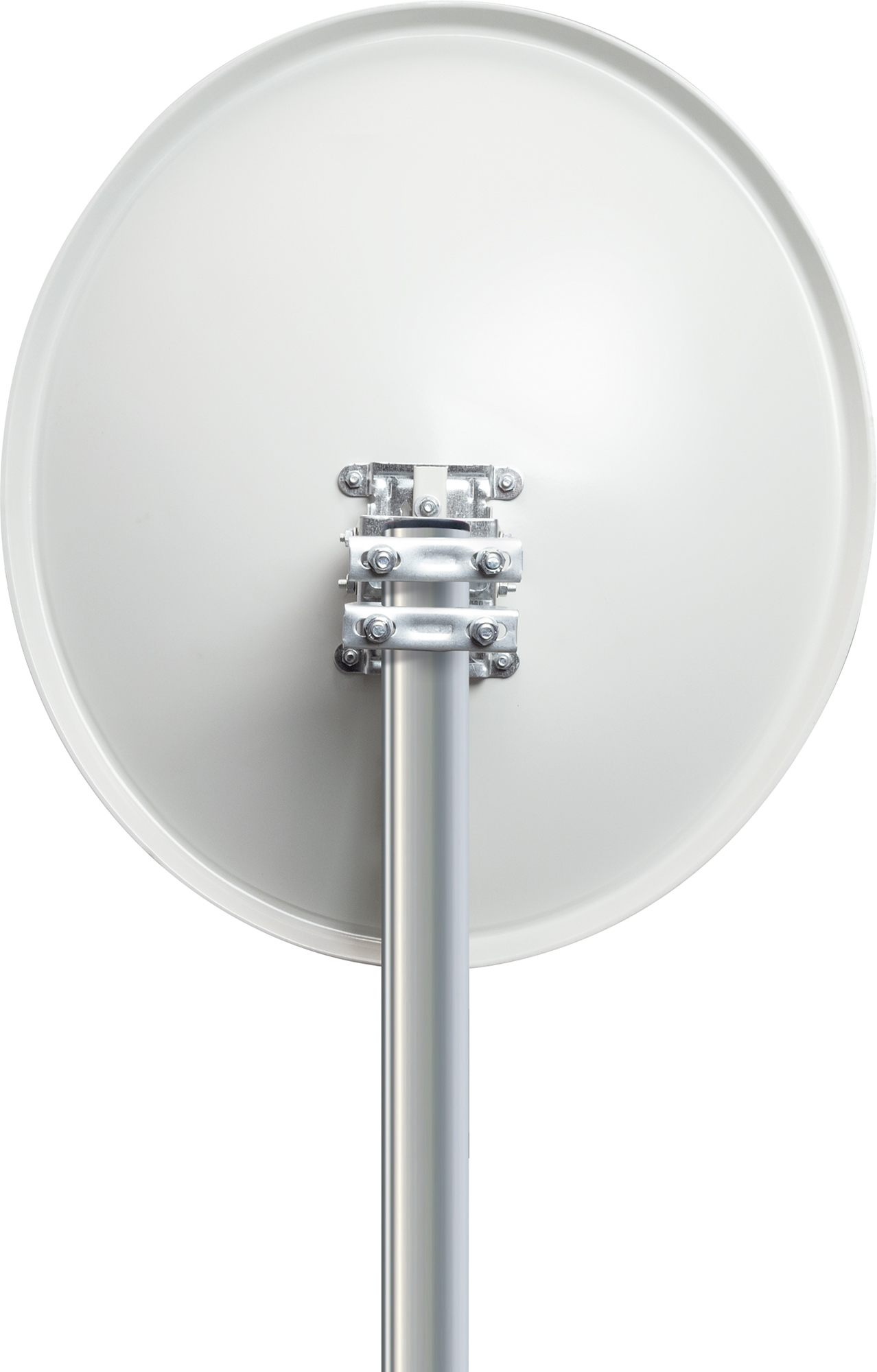 Rückansicht einer weißen Satellitenschüssel auf einer Metallstange gegen weißen Hintergrund.