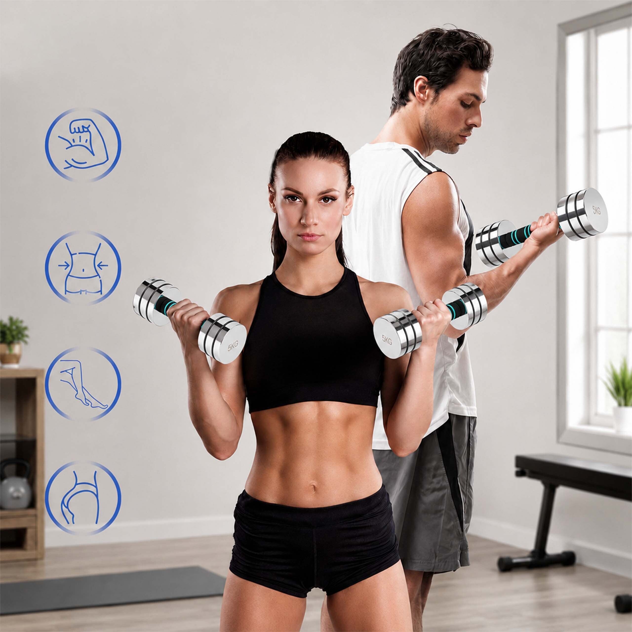 Ein fitnesstrainierter Mann und eine Frau heben in einem hellen Raum Gewichte.