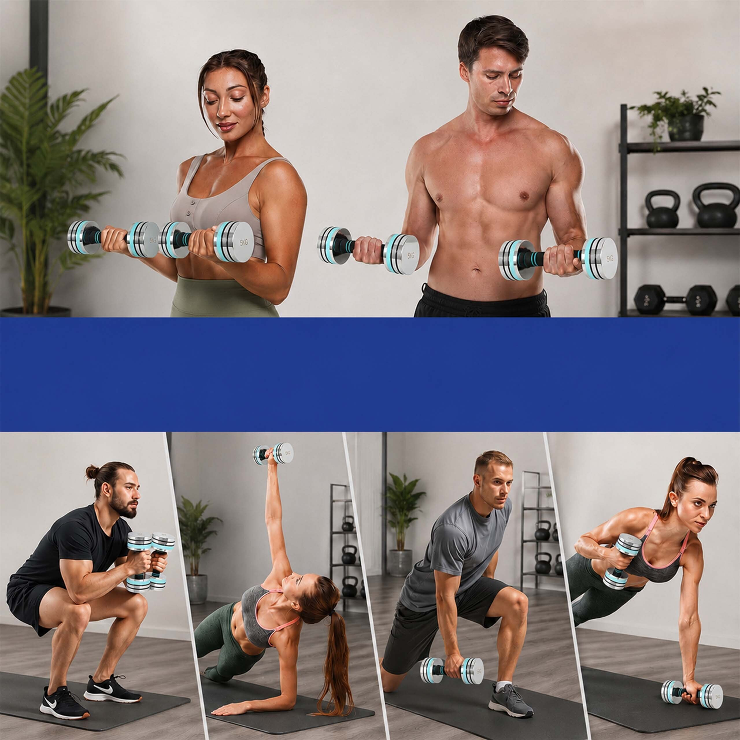 Fitness-Collage mit Mann und Frau beim Hanteltraining in Innenräumen.