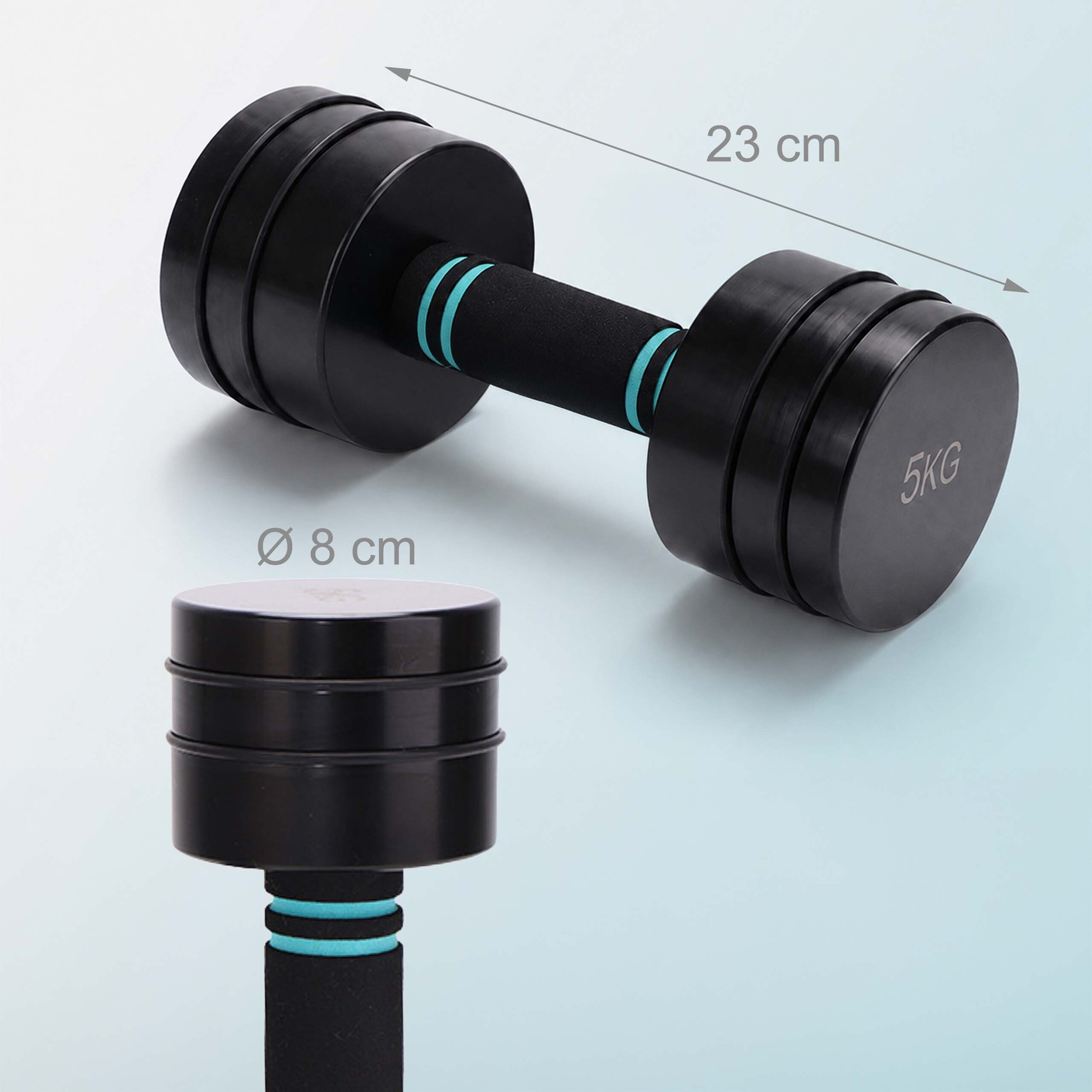 Eine schwarze 5kg-Hantel mit Maßen von 23 cm Länge und 8 cm Durchmesser.