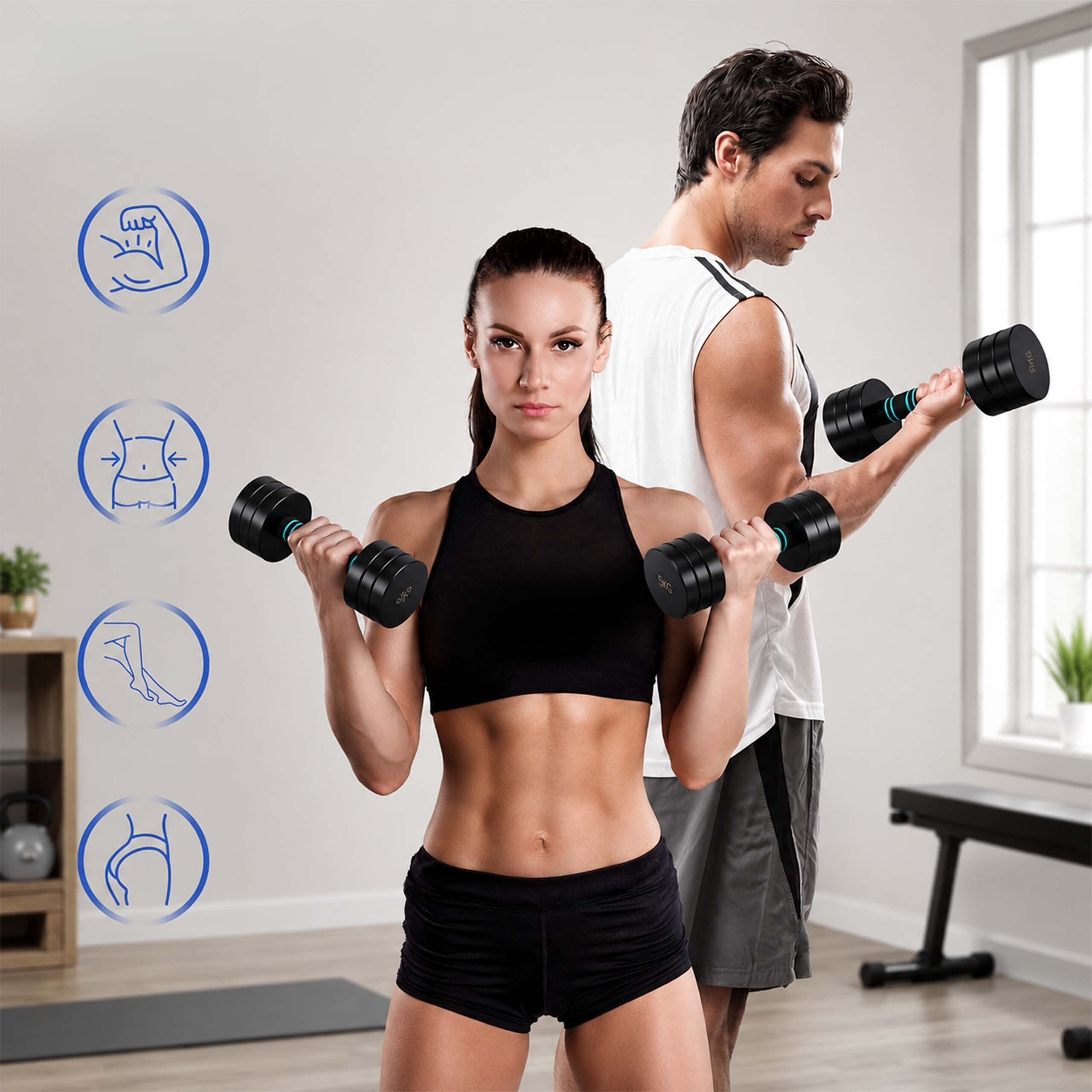 Ein Mann und eine Frau heben Hanteln in einem hellen Fitnessstudio mit vier Trainingssymbolen.