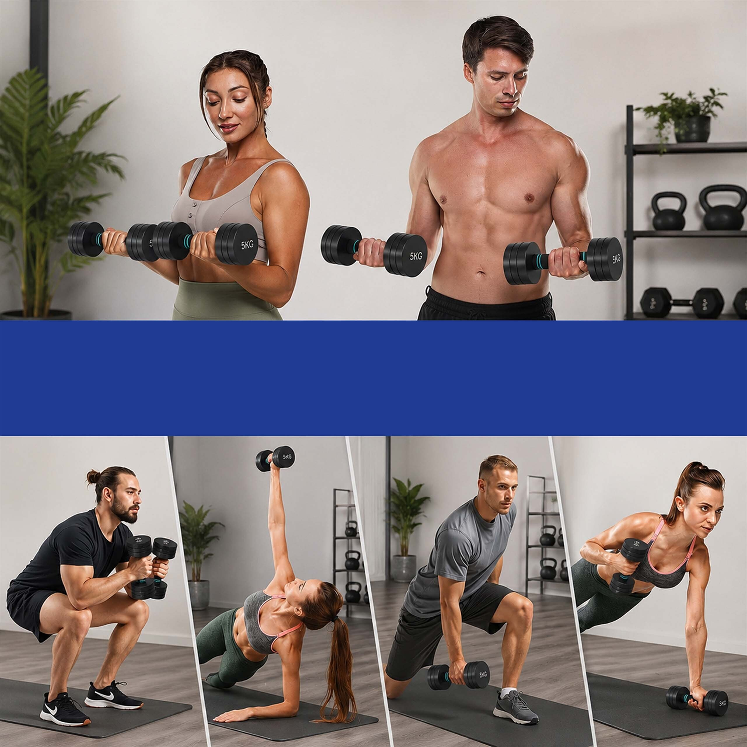Eine Collage zeigt Männer und Frauen beim Hanteltraining im Fitnessstudio bei verschiedenen Kraftübungen.
