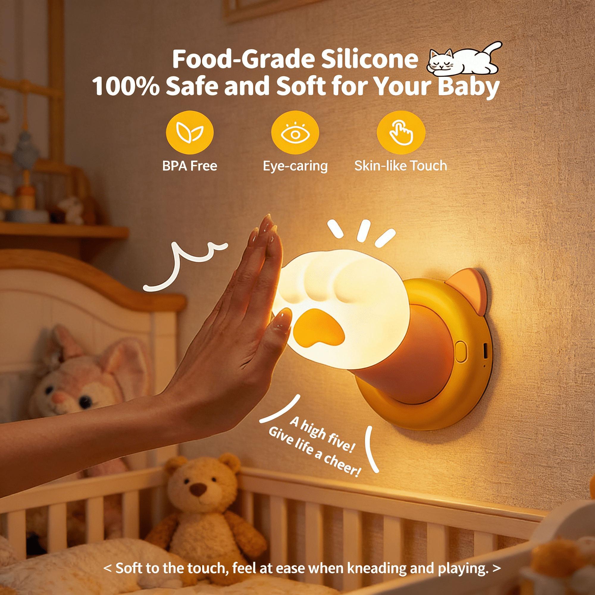 Hand berührt eine katzenpfannenförmige Silikonlampe an der Wand über einem Babybett.