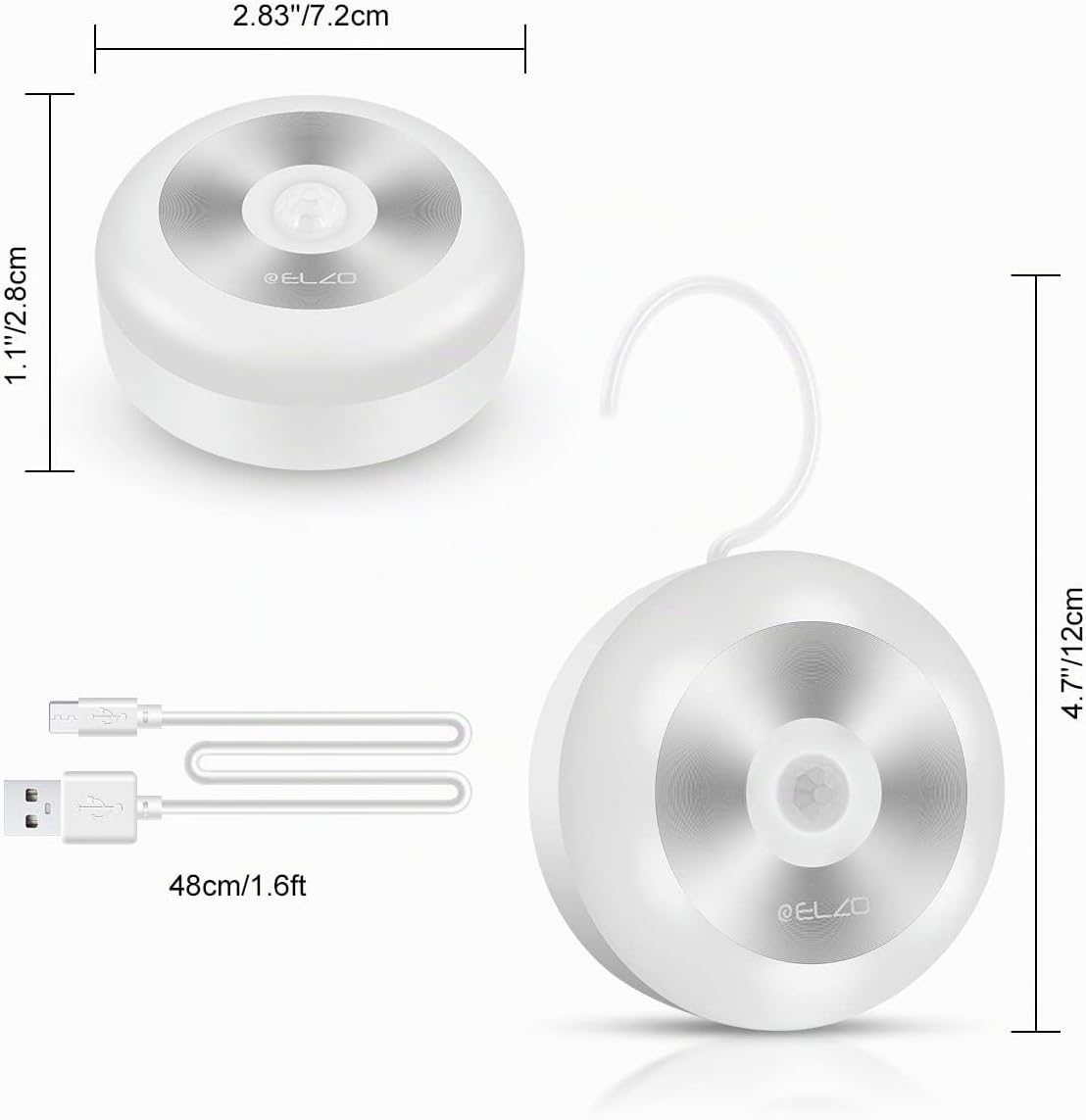 Zwei weiße Bewegungssensor-Lichter mit USB-Kabel und Maßangaben.