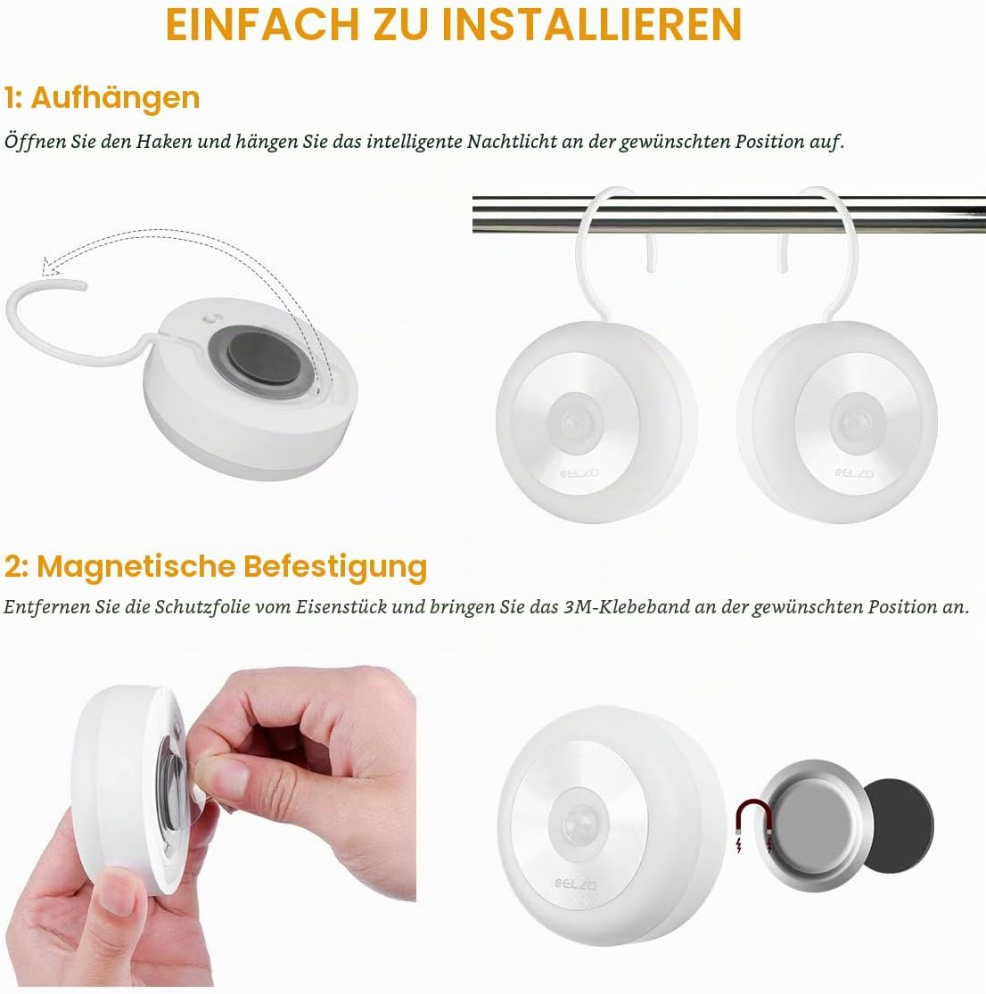 Anleitung zur Installation eines runden Nachtlichts mit Haken und Magnetbefestigung.