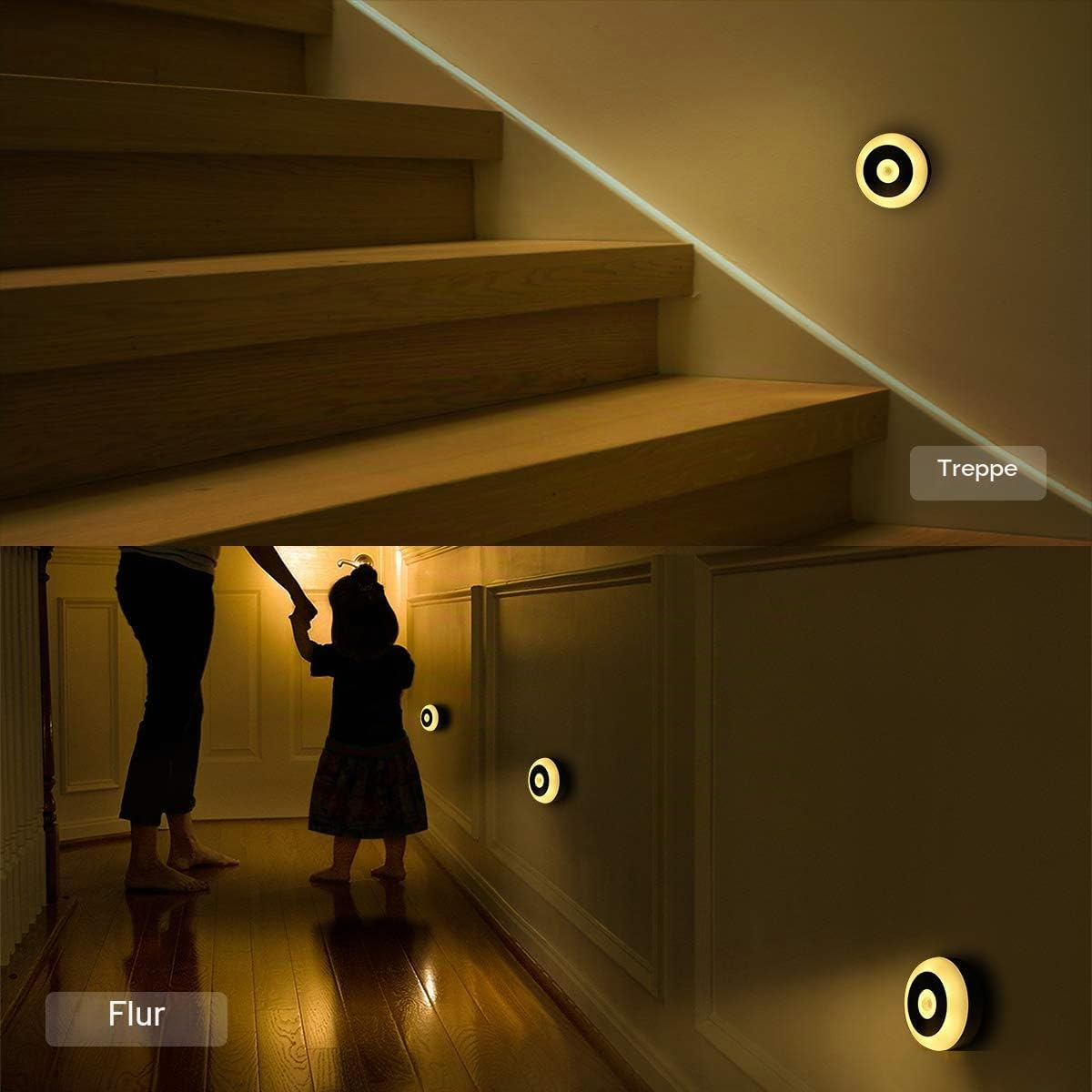 Runde LED-Nachtlichter an Holztreppen und Flurwänden.