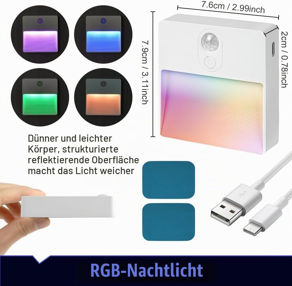 RGB-Nachtlicht mit Maßen, USB-Kabel, Klebepads und Farboptionen.