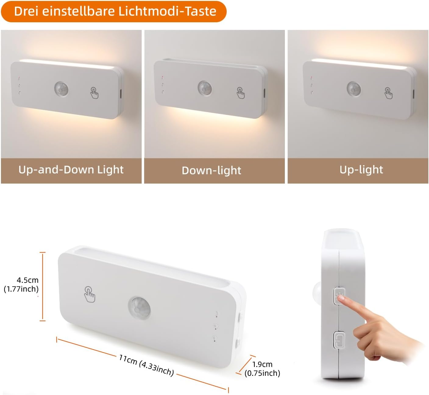 Wandlampe mit drei Lichtmodi und Abmessungen von 11 mal 4,5 mal 1,9 cm.