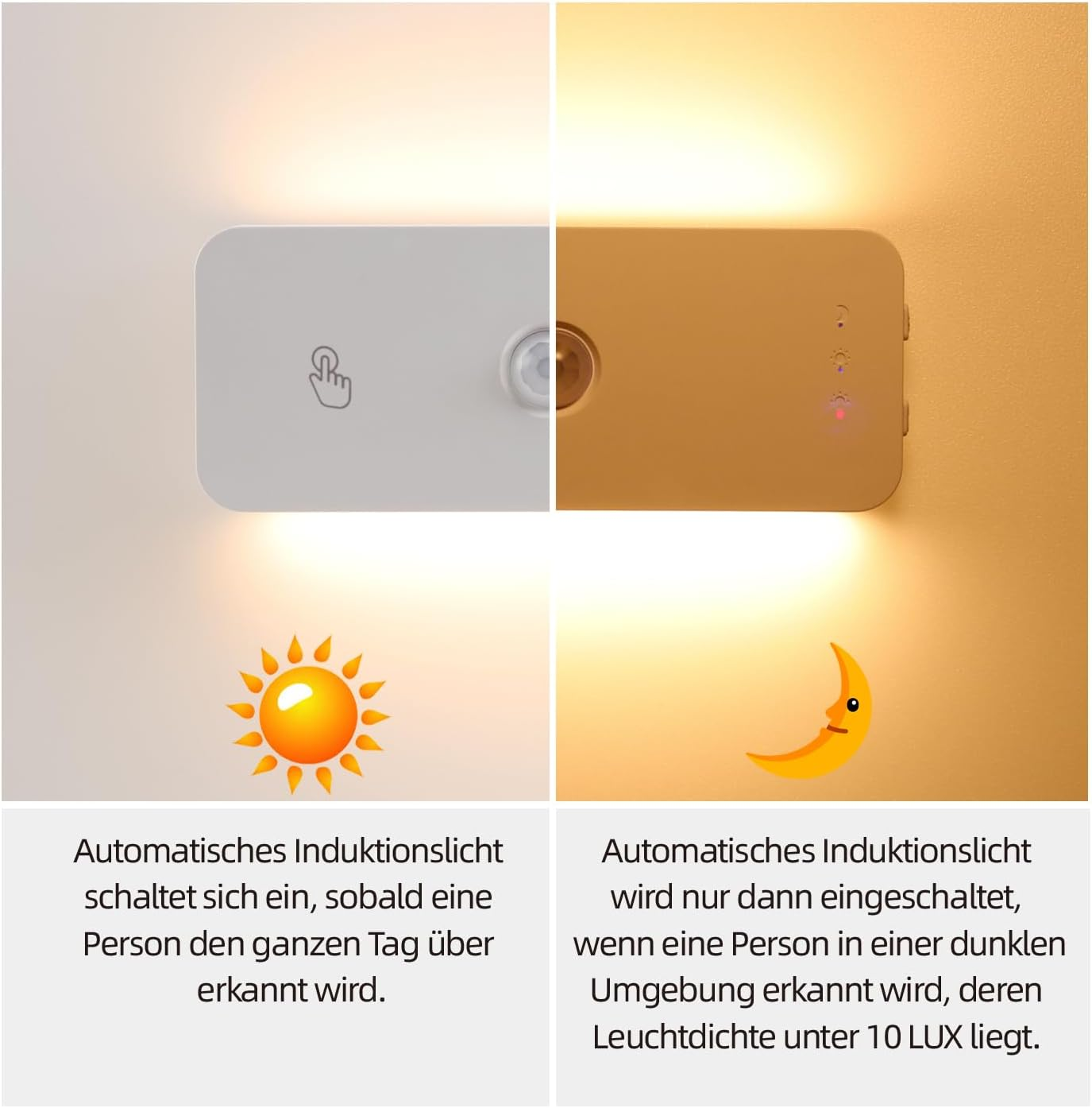 Vergleich zweier automatischer Induktionslichter mit Sensor, einmal tagsüber und einmal nachts mit unter 10 LUX.