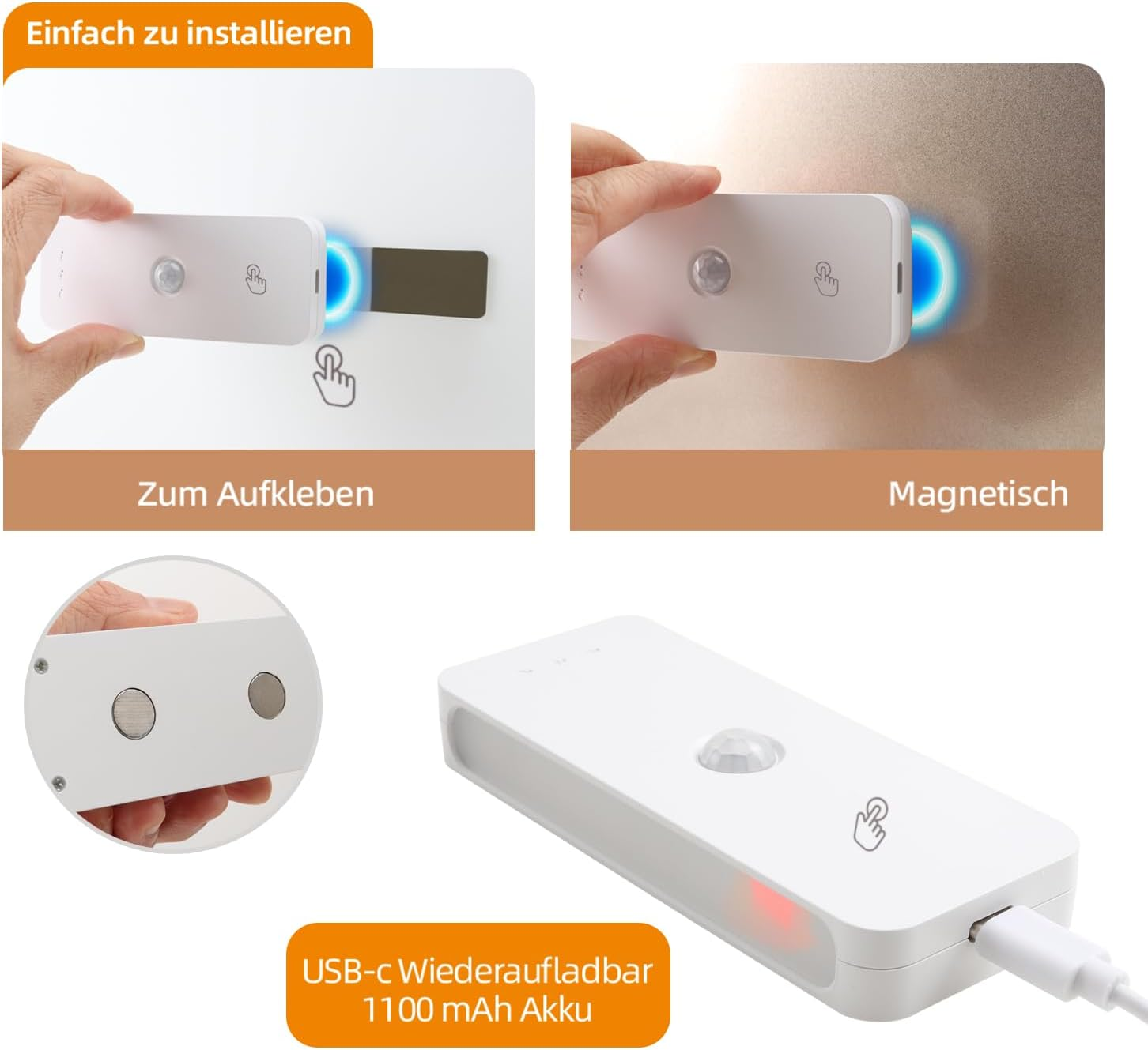 Hand hält weißes USB-C Gerät mit Magnethalterung und Bewegungsmelder.