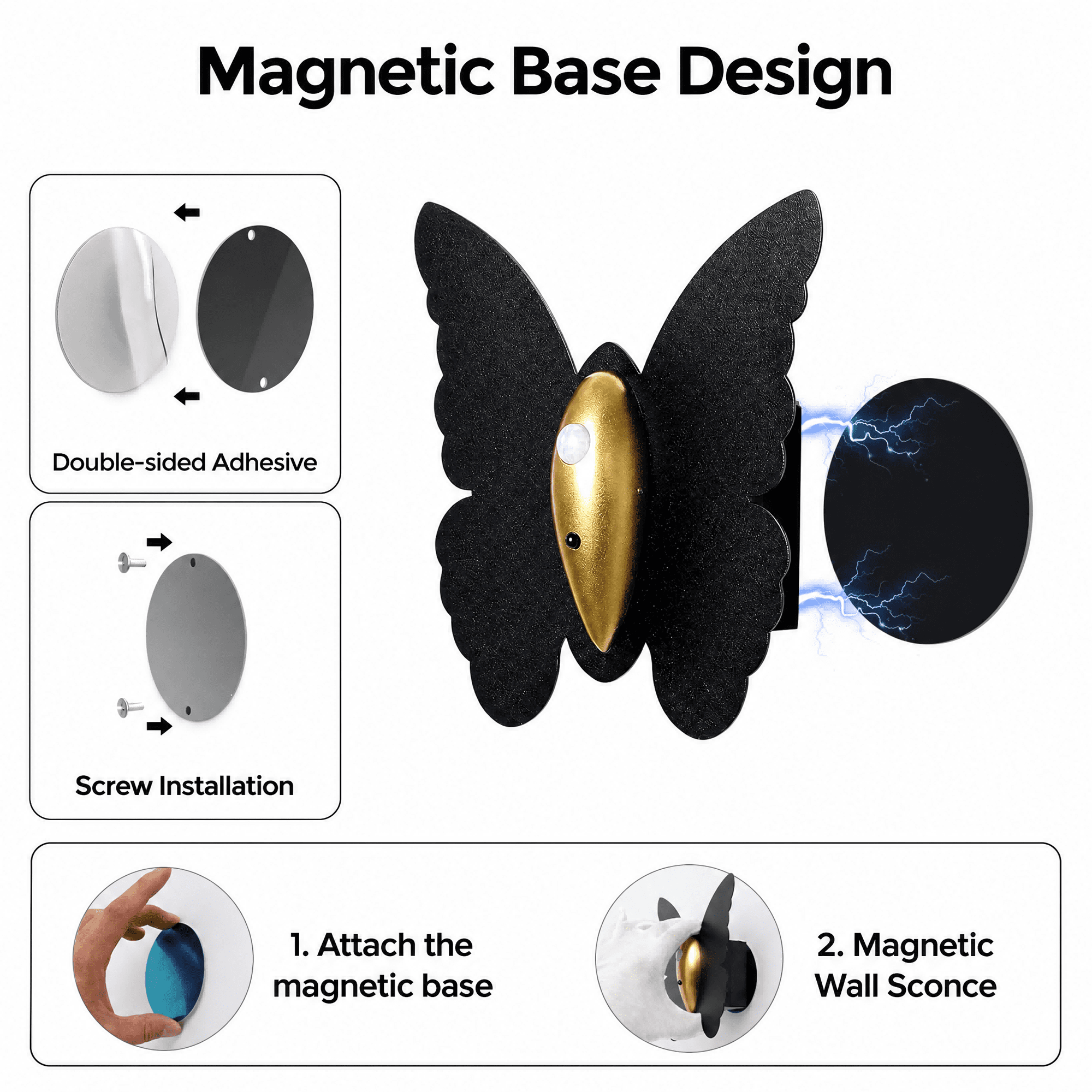 Diagramm zeigt die magnetische Basis eines Schmetterlings-Wandlichts mit Installationsschritten.