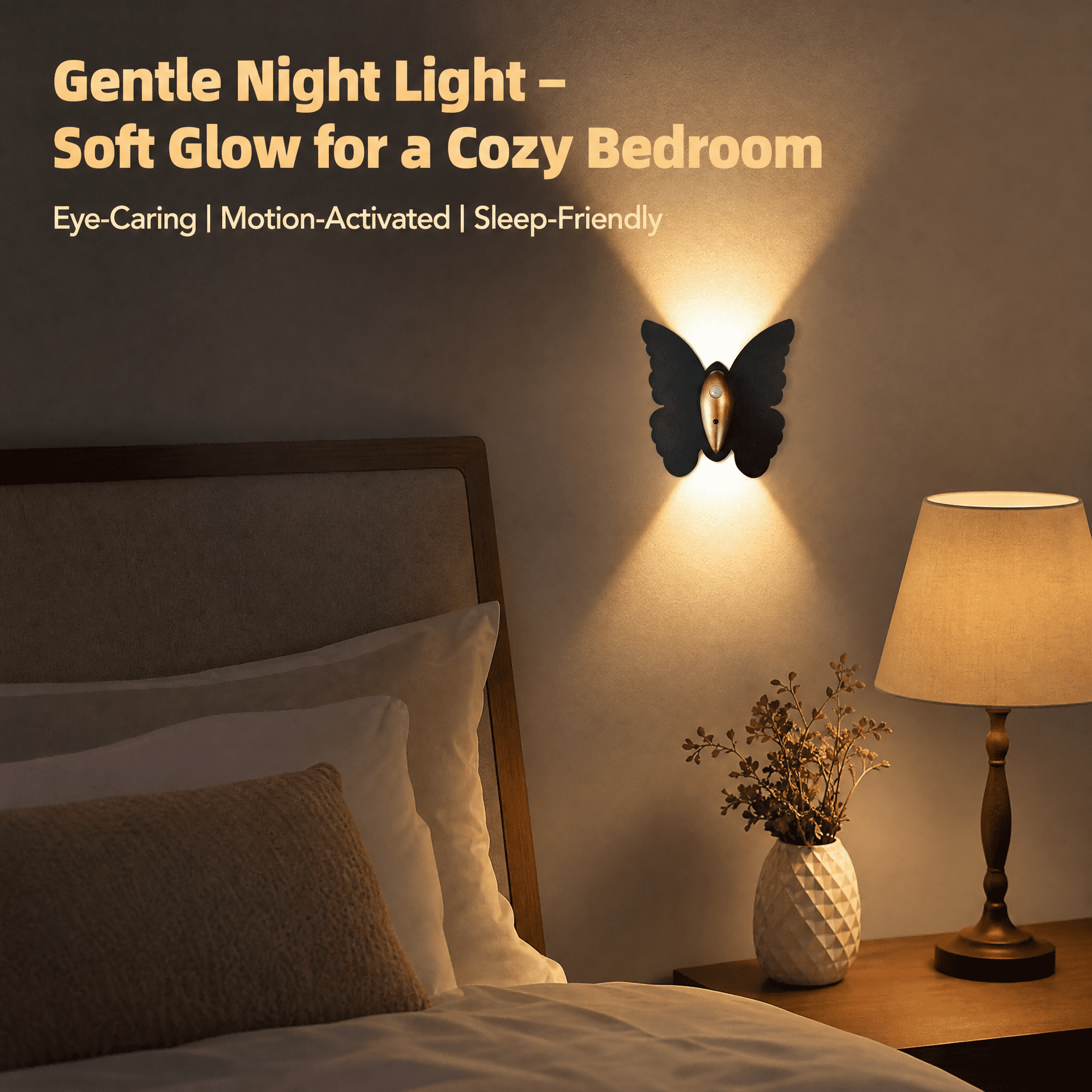 Eine Schlafzimmerwand zeigt eine schmetterlingsförmige Leuchte mit warmem Licht, darunter ein Bett und eine Nachttischlampe.