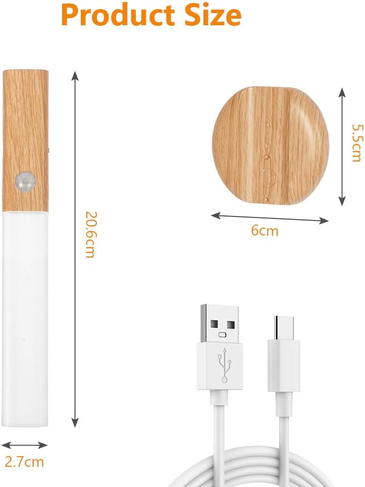 Produktdiagramm mit einer Holzbalkenleuchte, einer runden Basis und einem USB-Kabel samt Abmessungen.
