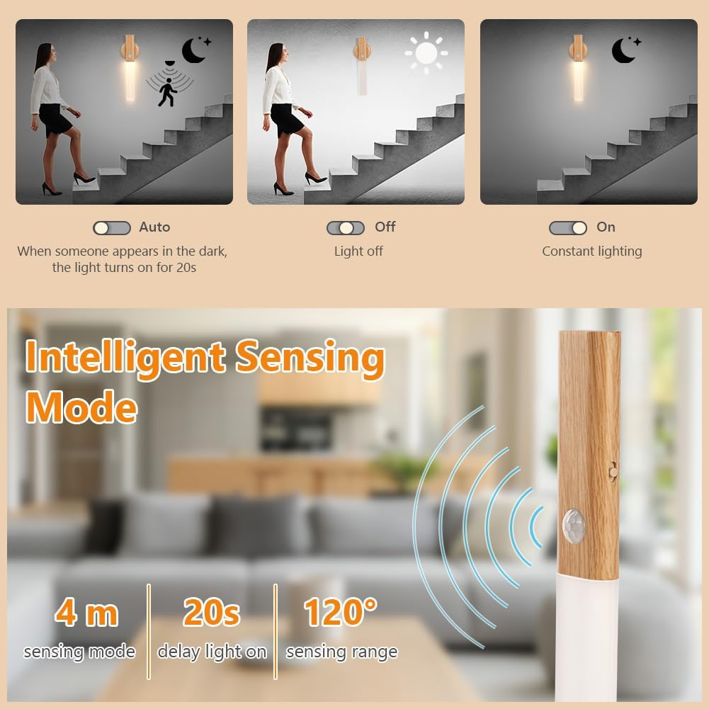 Infografik zeigt Modi einer Holz-Wandlampe mit Bewegungssensor, inklusive Auto-, Aus- und Ein-Einstellungen.