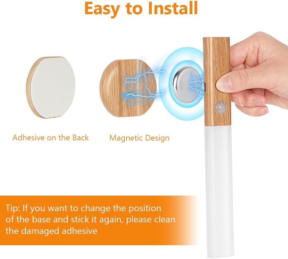 Diagramm zeigt die einfache Installation einer Holzwandleuchte mit Klebe- und Magnetdesign.