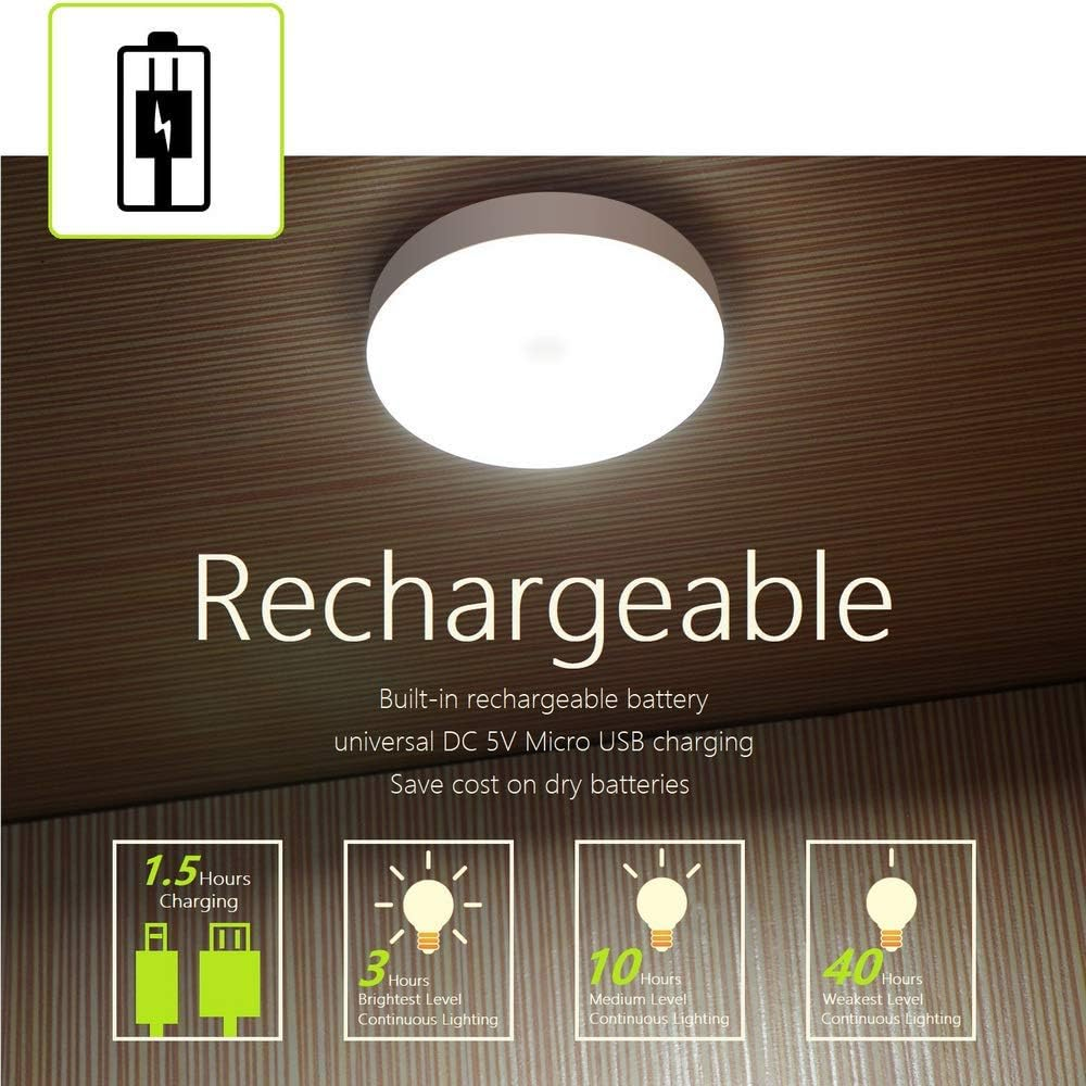 Wiederaufladbare LED-Leuchte mit USB-Anschluss und verschiedenen Helligkeitsstufen auf Holzhintergrund.