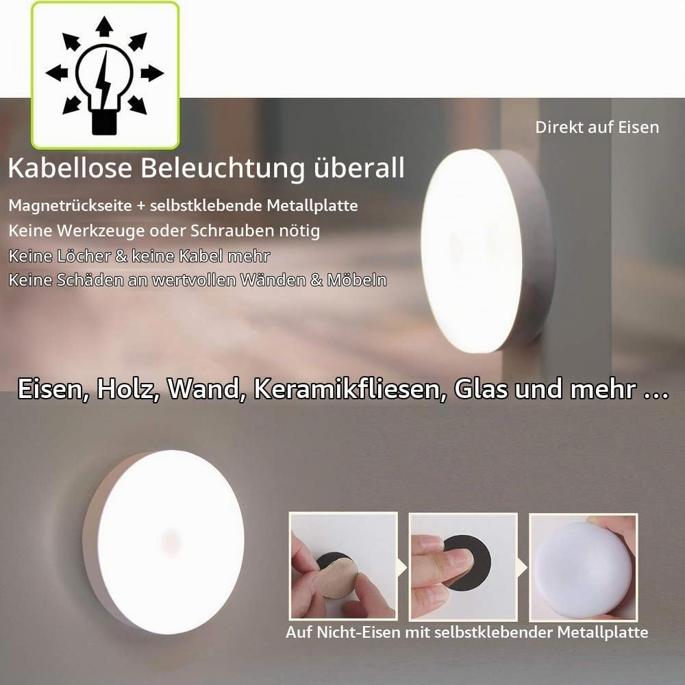 Werbebild für kabellose LED-Leuchten mit magnetischer Rückseite und Montageanleitung für verschiedene Oberflächen.