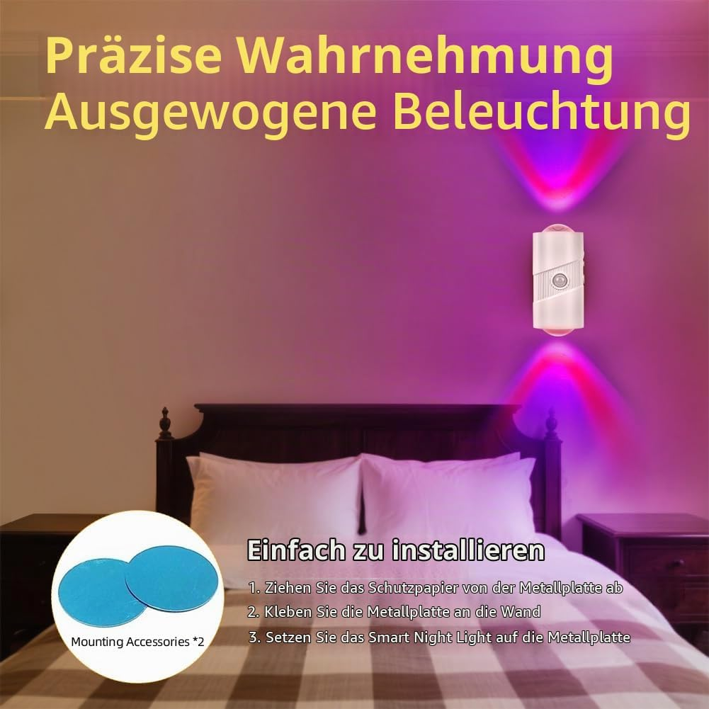 Wandlampe im Schlafzimmer mit pink-blauer Beleuchtung und Installationsanleitung.