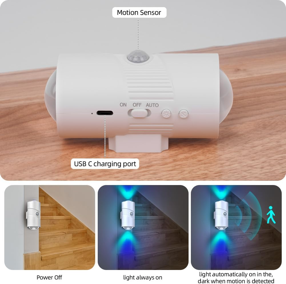 Weiße Bewegungssensor-Leuchte mit USB-C-Anschluss und drei Modus-Beispielen an Treppen.