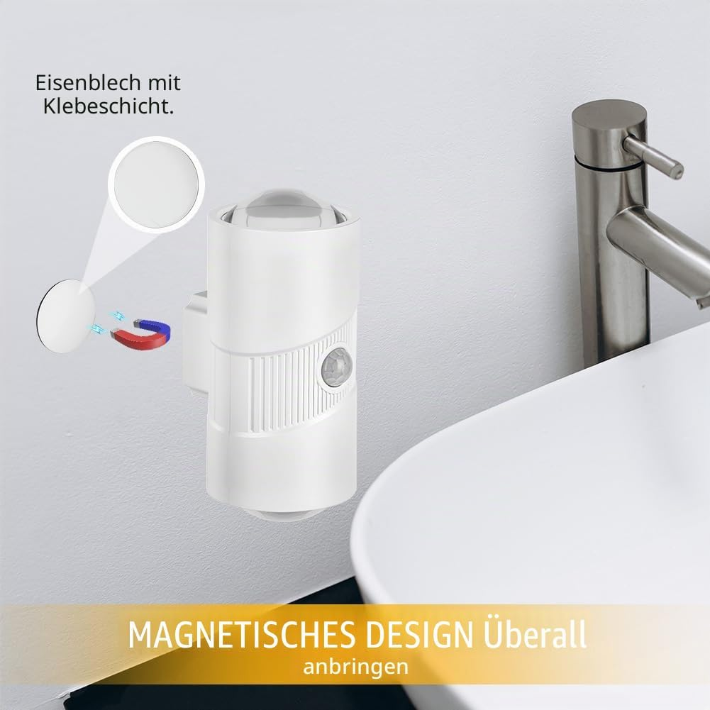 Ein weißer, magnetischer Bewegungsmelder an einer Wand neben einem Waschbecken.