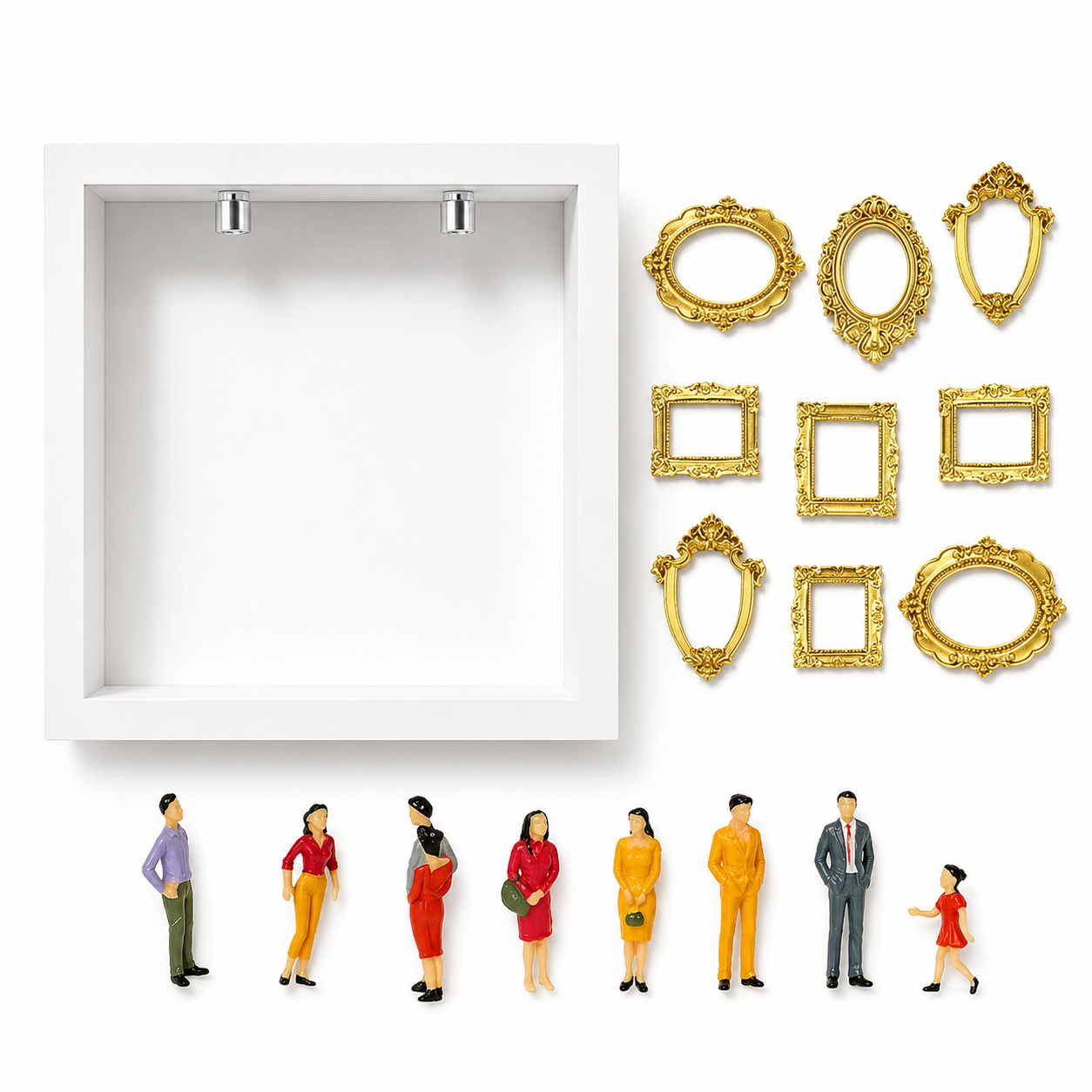 Ein weißer Kasten, goldene Bilderrahmen und kleine Figuren auf weißem Grund.