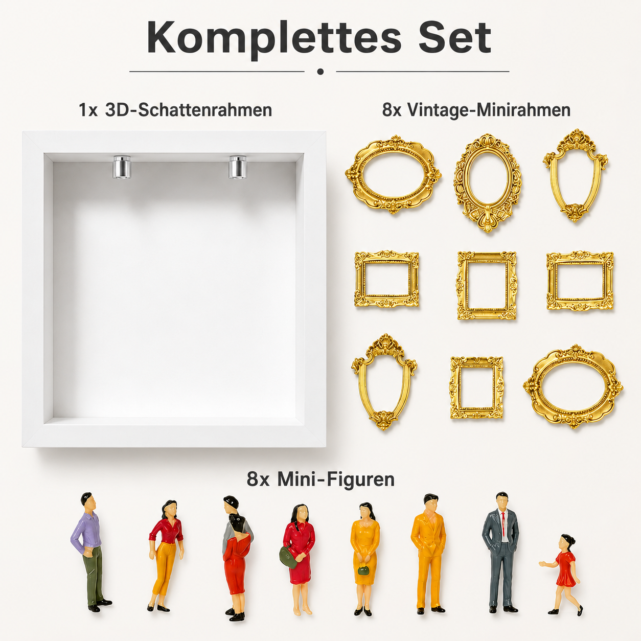 Ein Set mit einem großen weißen Rahmen, acht kleinen goldenen Vintage-Rahmen und acht bunten Miniaturfiguren.