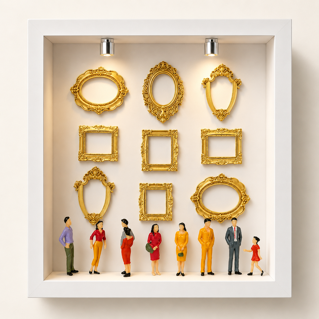 Miniaturfiguren stehen vor einer großen weißen Vitrine mit neun dekorativen goldenen Bilderrahmen.