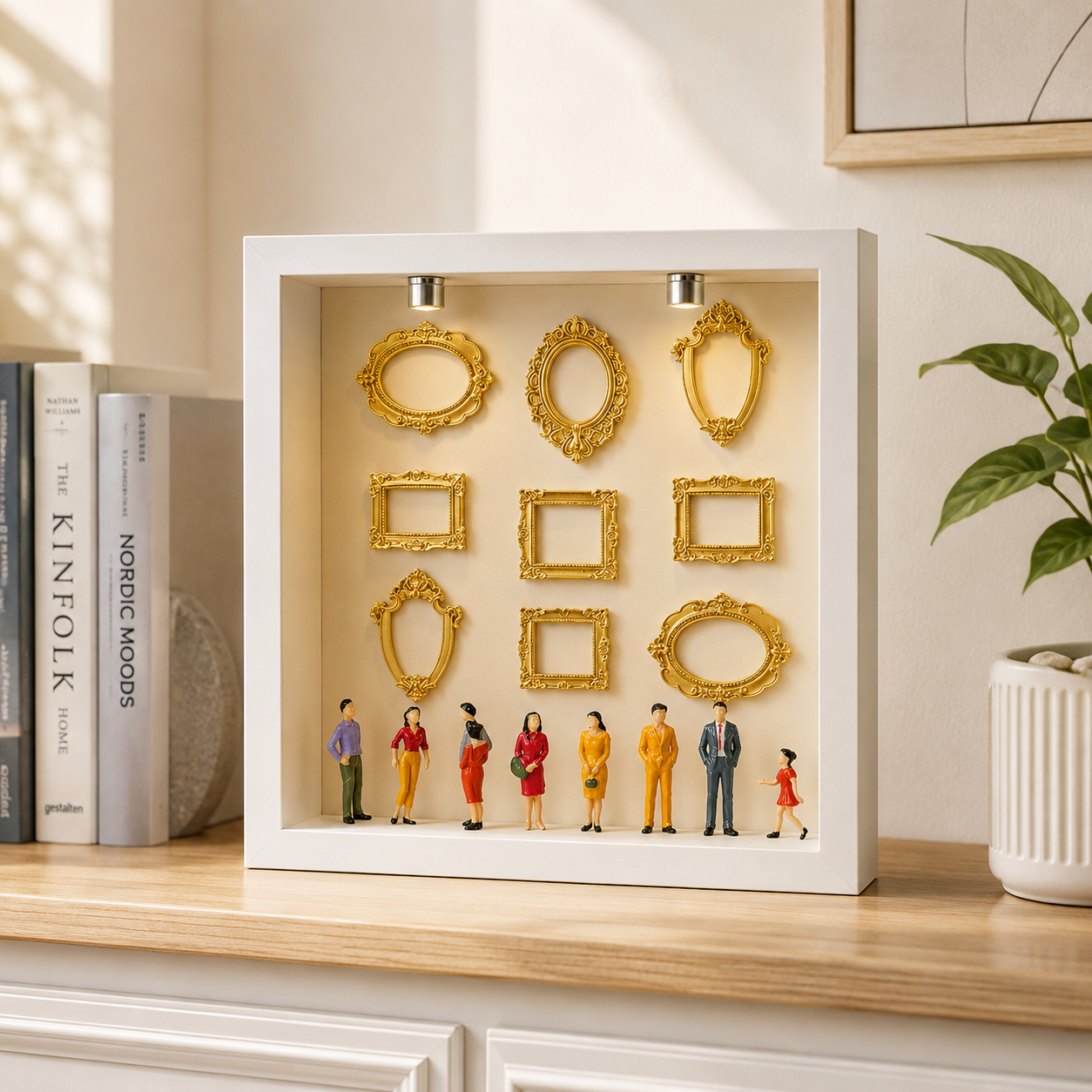 Ein weißer Displaykasten mit kleinen goldenen Bilderrahmen und Figuren davor auf einem Holzregal.